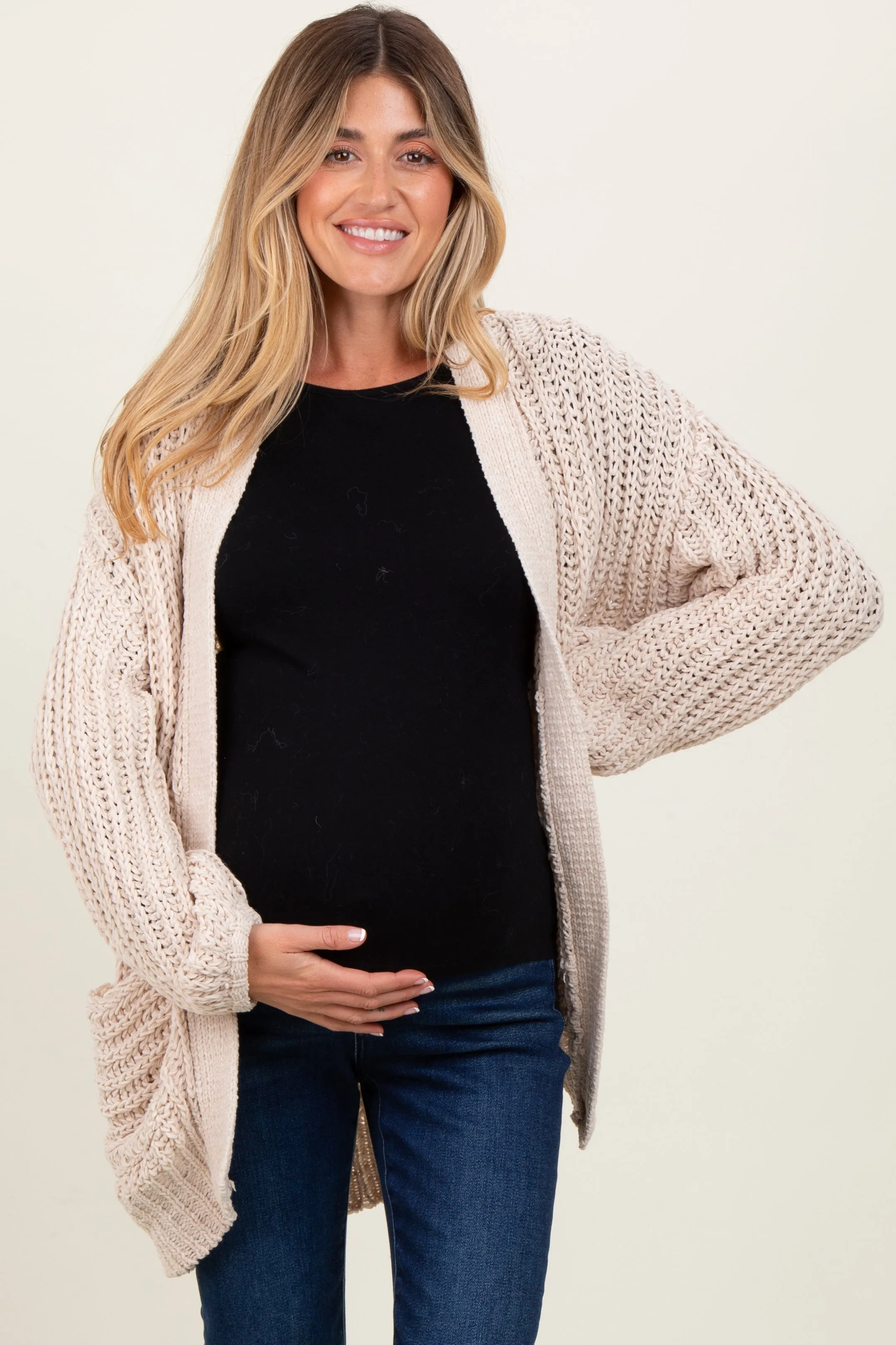 Beige Chunky Knit Oversized Maternity Pocket Cardigan sold by Pinkblush product image thumbnail 2