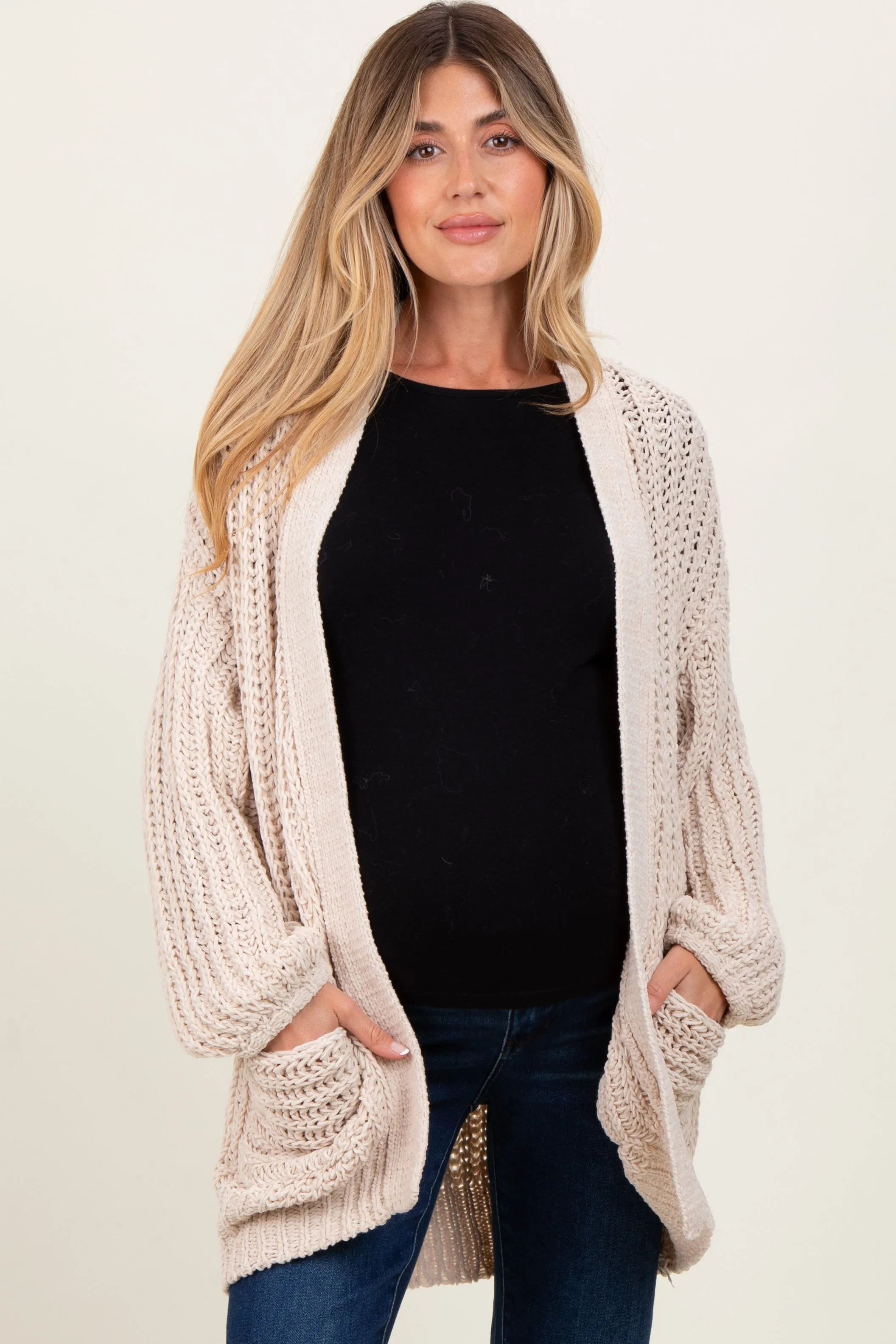Beige Chunky Knit Oversized Maternity Pocket Cardigan sold by Pinkblush