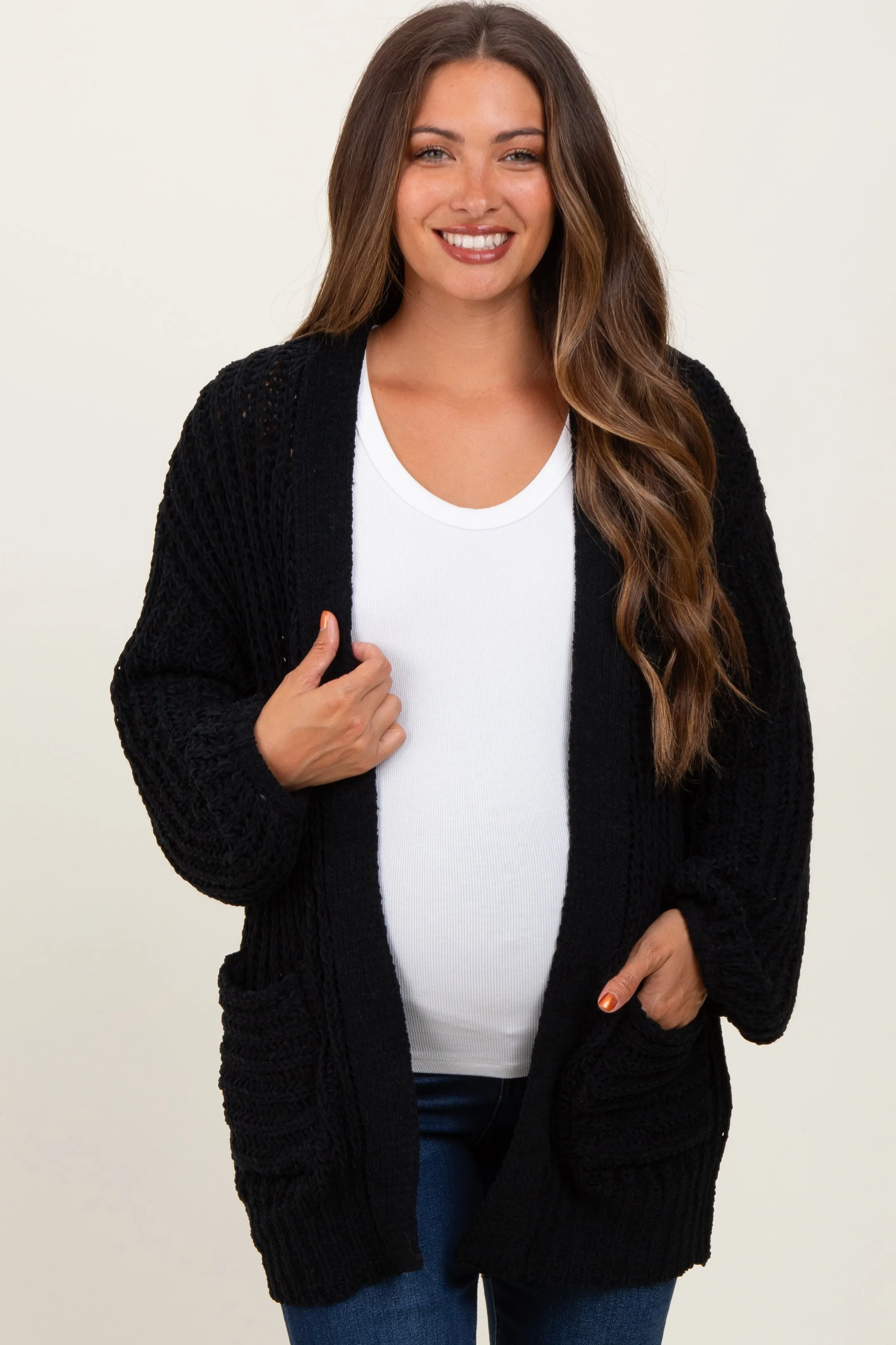 Black Chunky Knit Oversized Maternity Pocket Cardigan sold by Pinkblush