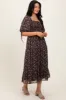 Dark Brown Floral Smocked Sleeve Tie Midi Dress sold by Pinkblush