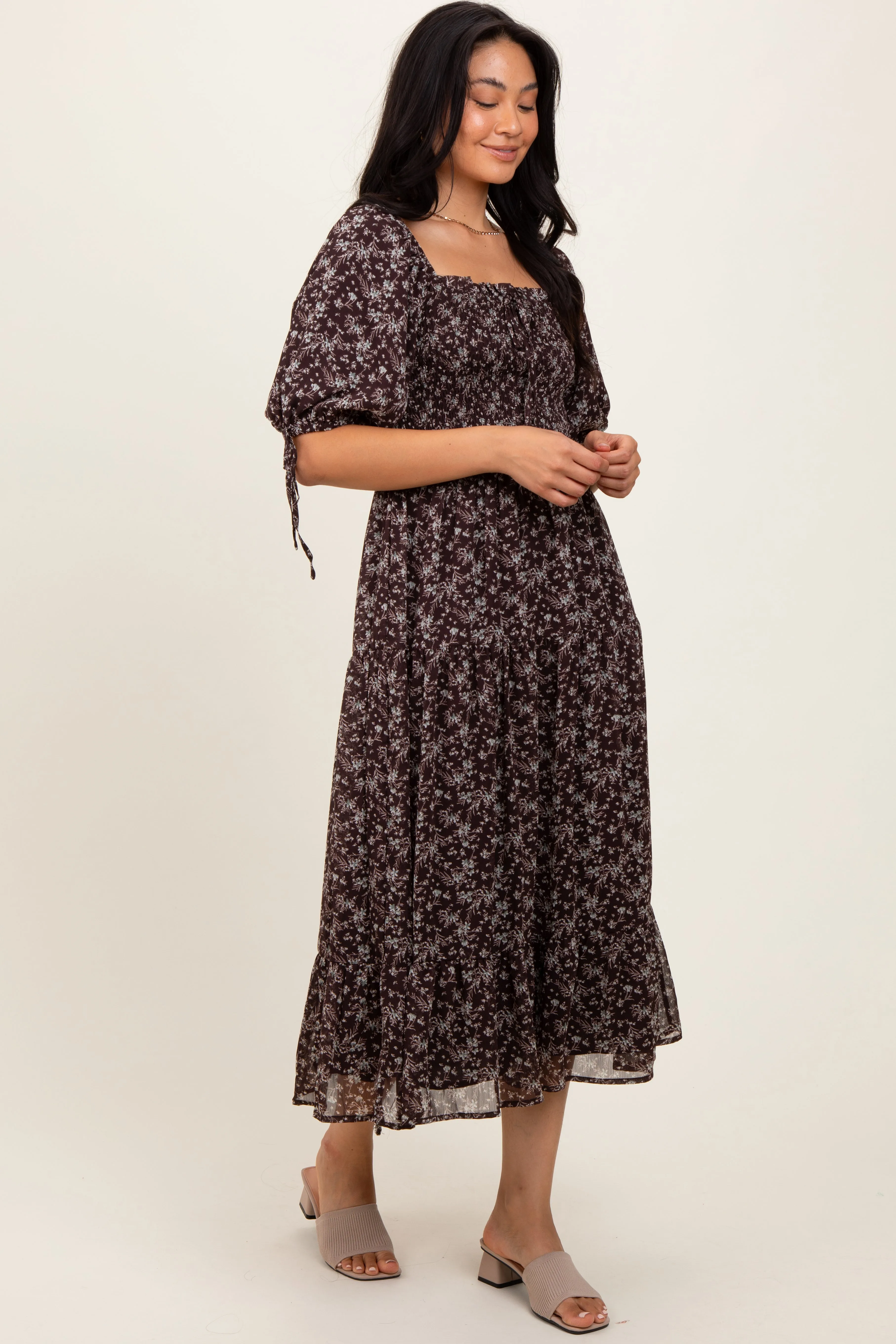 Dark Brown Floral Smocked Sleeve Tie Midi Dress sold by Pinkblush product image thumbnail 2