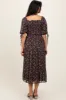 Dark Brown Floral Smocked Sleeve Tie Midi Dress sold by Pinkblush