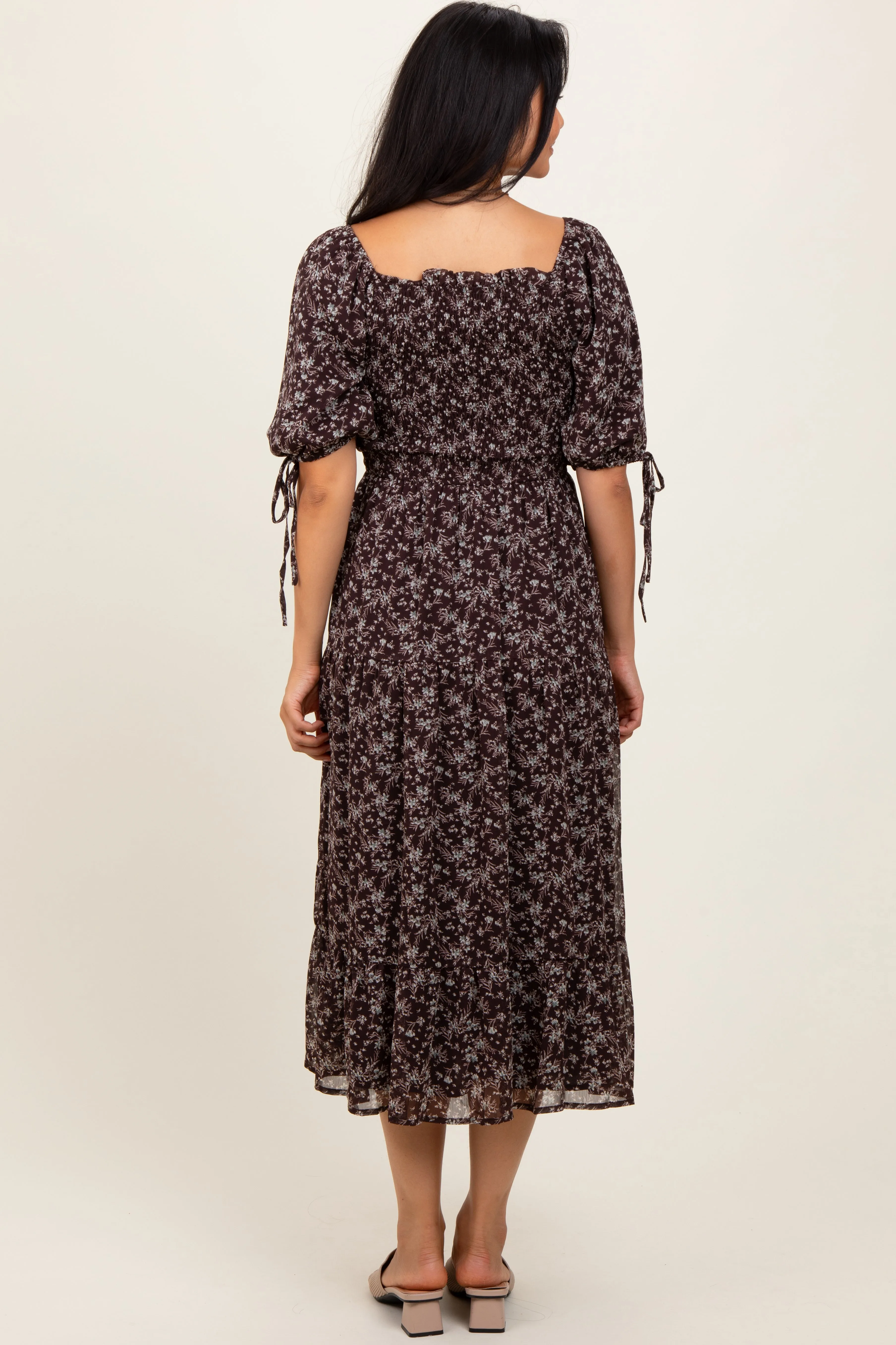 Dark Brown Floral Smocked Sleeve Tie Midi Dress sold by Pinkblush product image thumbnail 3