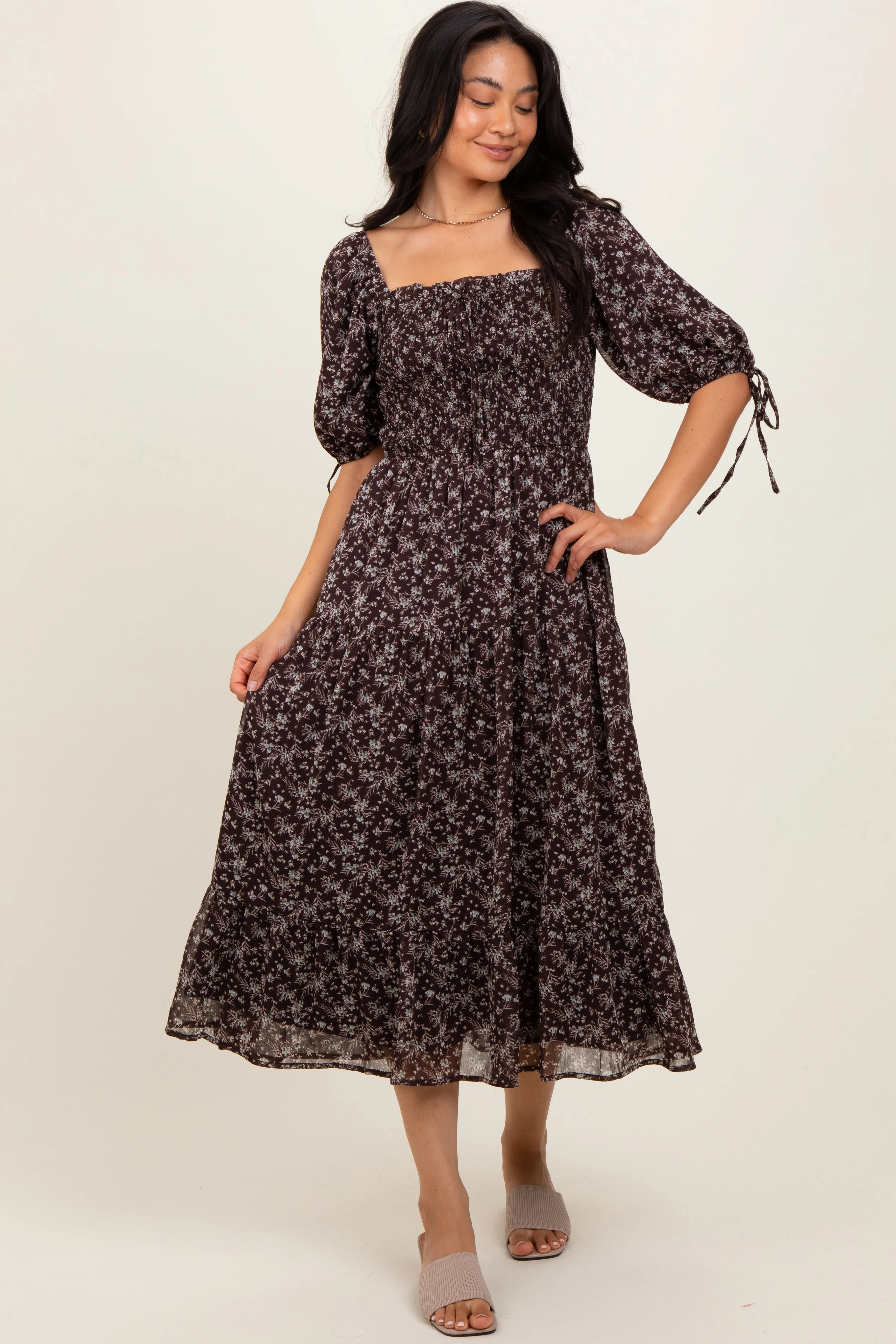 Dark Brown Floral Smocked Sleeve Tie Midi Dress sold by Pinkblush