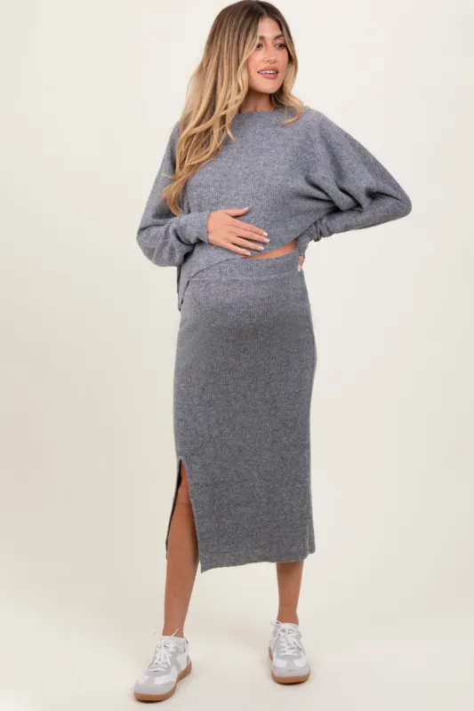 Heather Grey Ribbed Knit Asymmetric Top Midi Skirt Maternity Set sold by Pinkblush