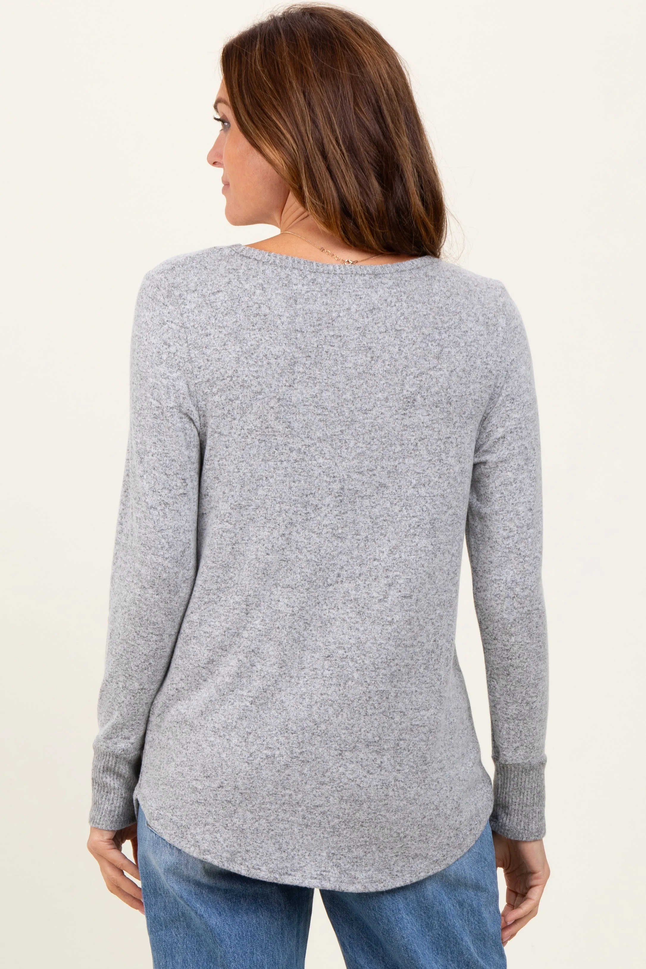 Heather Grey Brushed Knit Relaxed V-Neck Long Sleeve Top sold by Pinkblush product image thumbnail 4