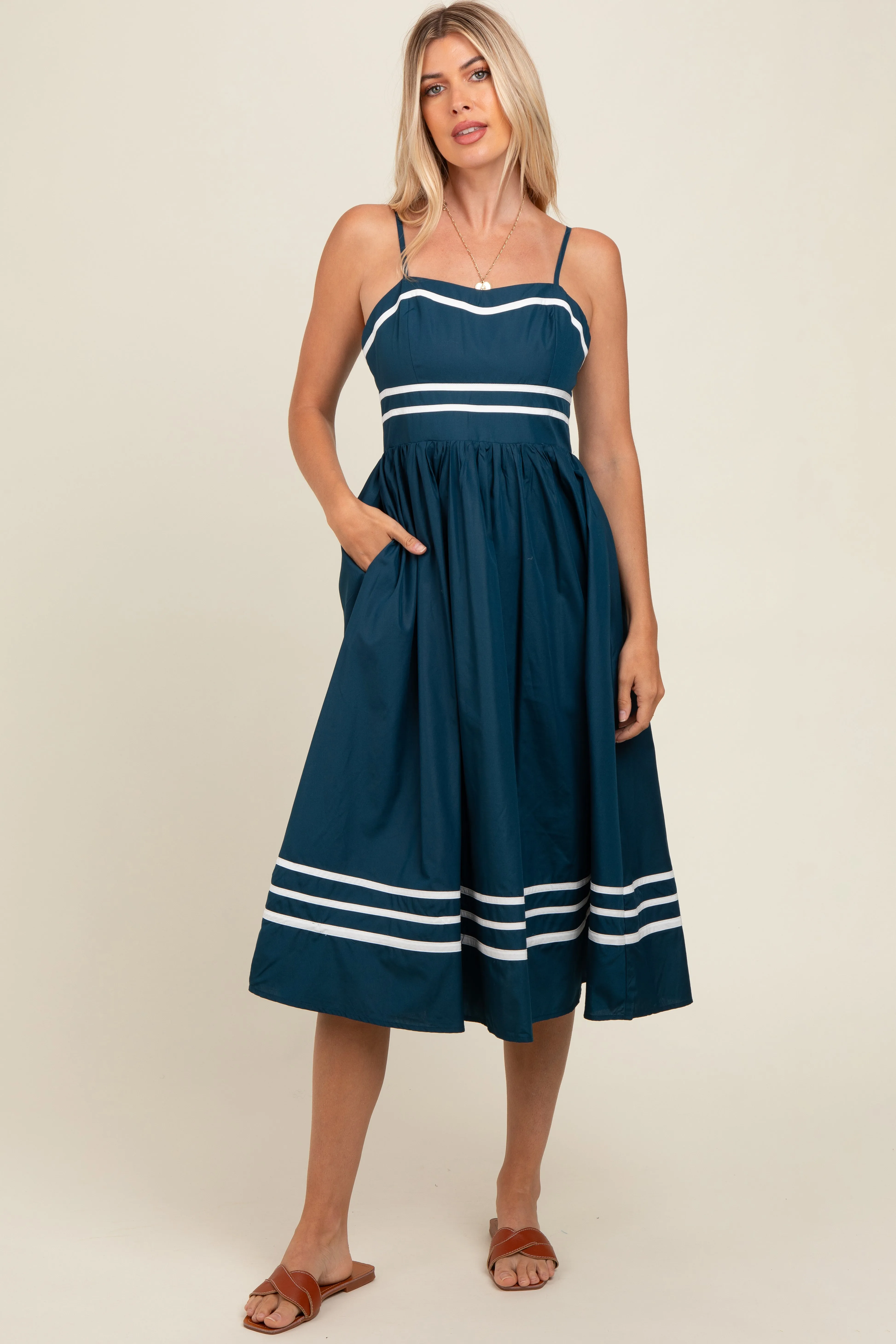 Navy Stripe Accent Midi Dress sold by Pinkblush