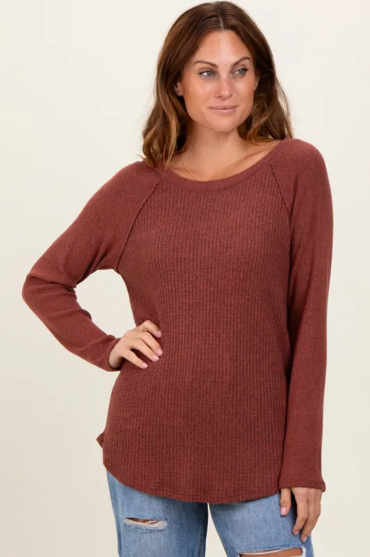 Brown Waffle Knit Raglan Long Sleeve Top sold by Pinkblush