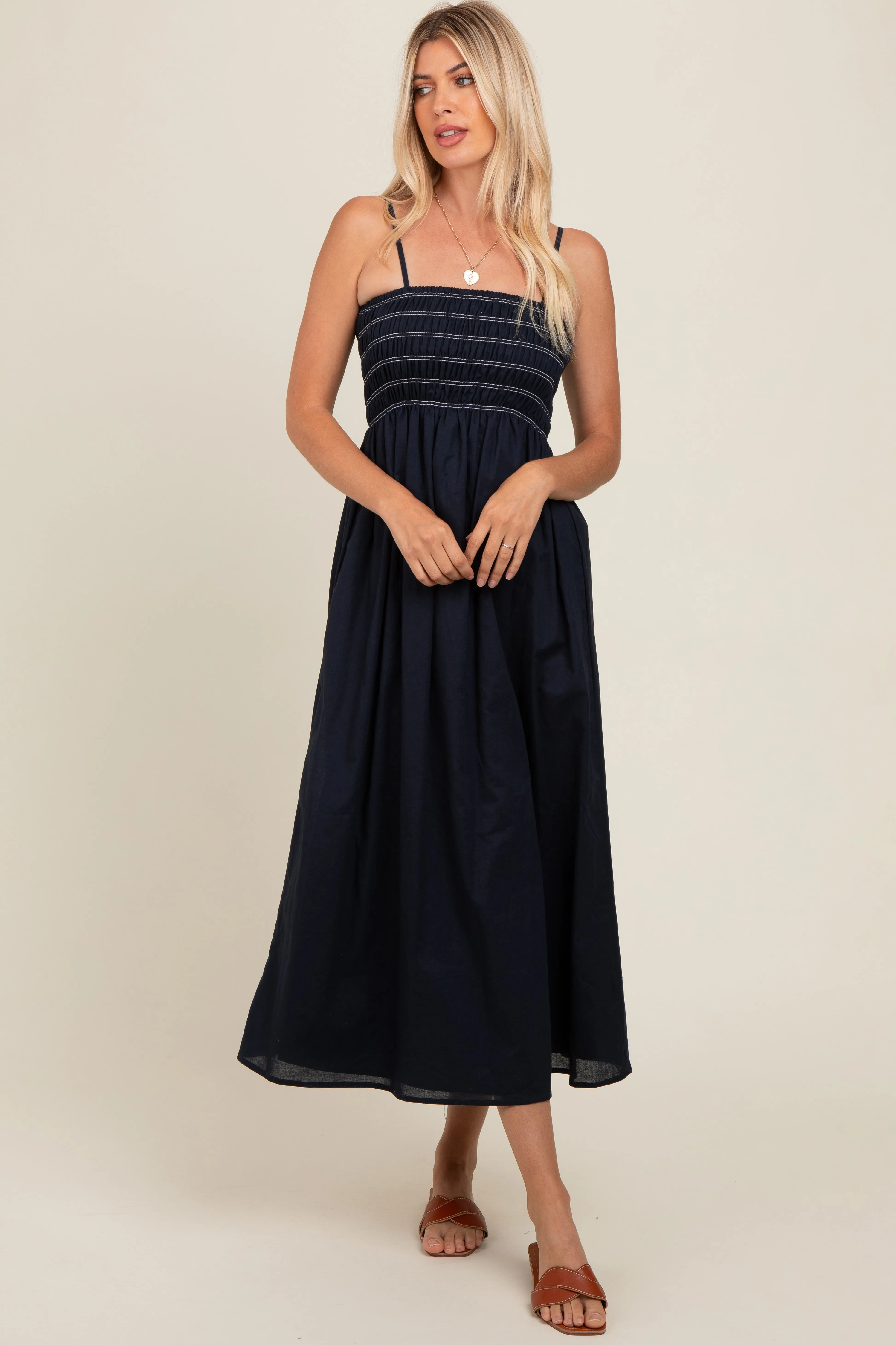 Navy Bartlett Striped Smocked Midi Dress sold by Pinkblush product image thumbnail 3