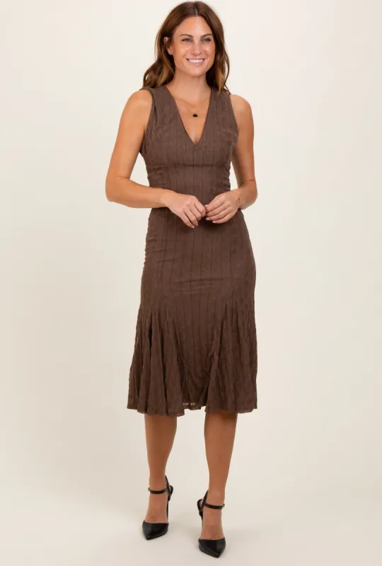 Brown Textured V-Neck Midi Dress sold by Pinkblush