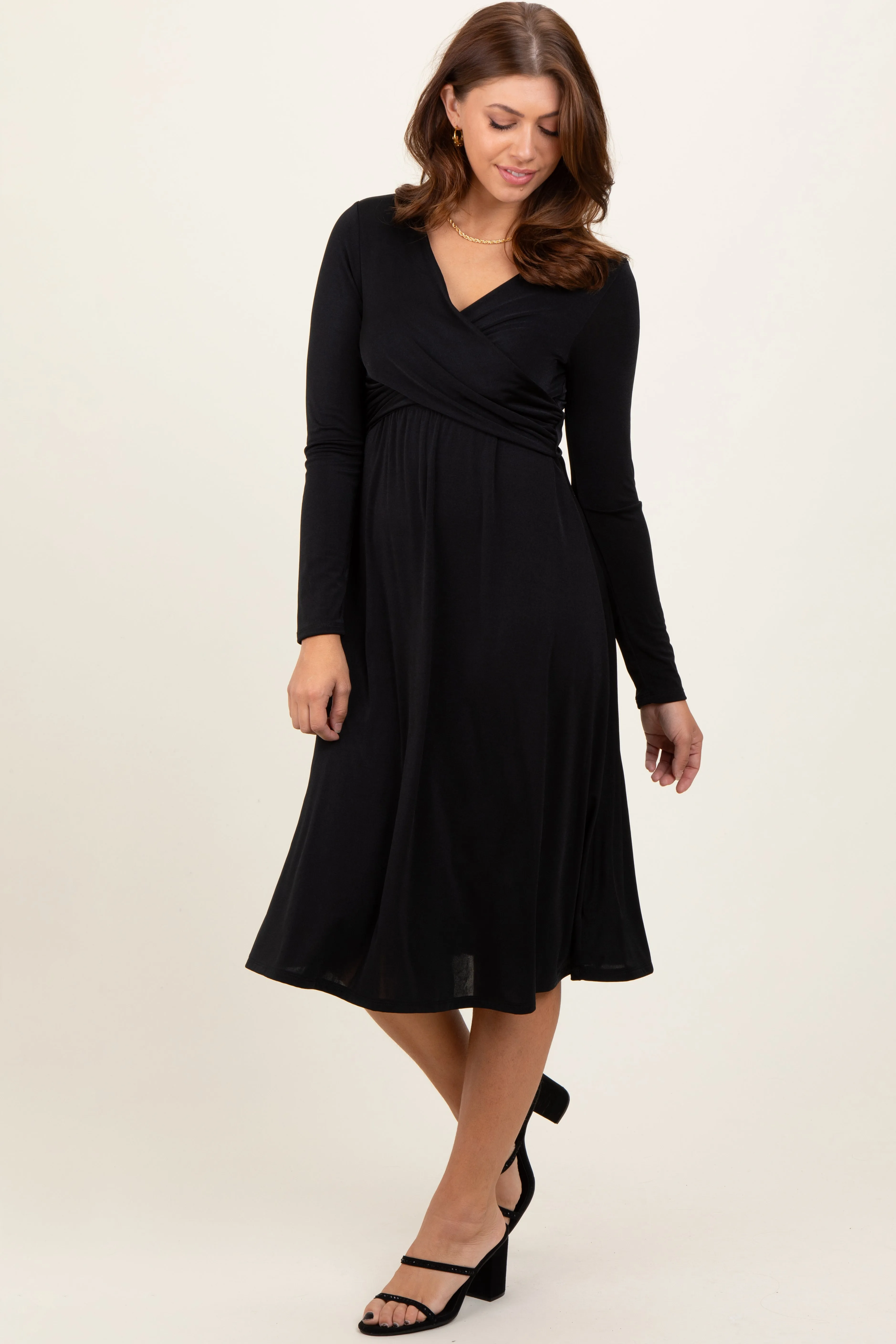 Black Crossover V-Neckline Long Sleeve Maternity Nursing Dress sold by Pinkblush product image thumbnail 3
