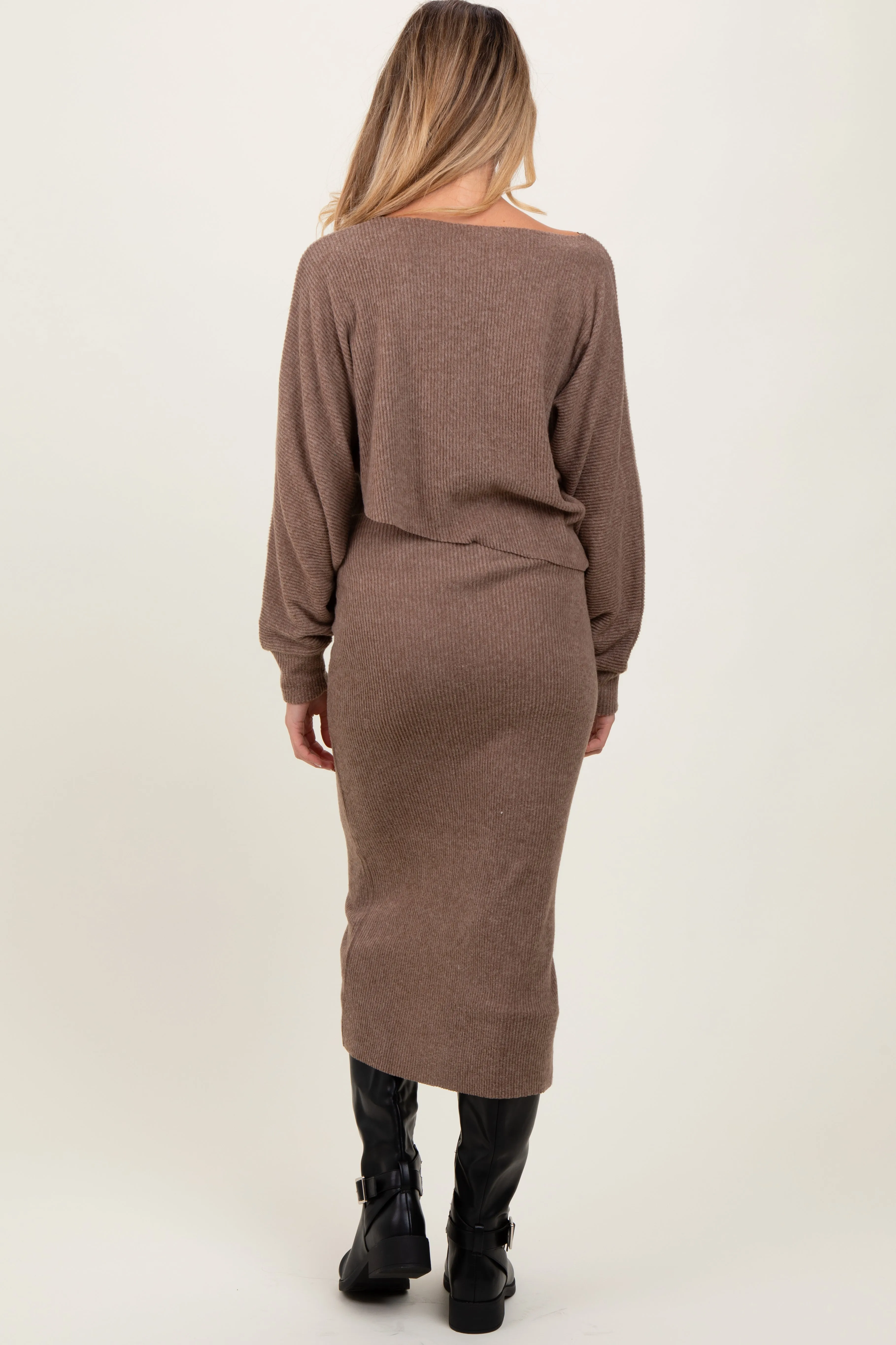 Mocha Ribbed Knit Asymmetric Top Midi Skirt Maternity Set sold by Pinkblush product image thumbnail 2