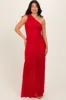 Red Ruched Mesh One Shoulder Maternity Maxi Dress sold by Pinkblush