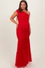 Red Ruched Mesh One Shoulder Maternity Maxi Dress sold by Pinkblush