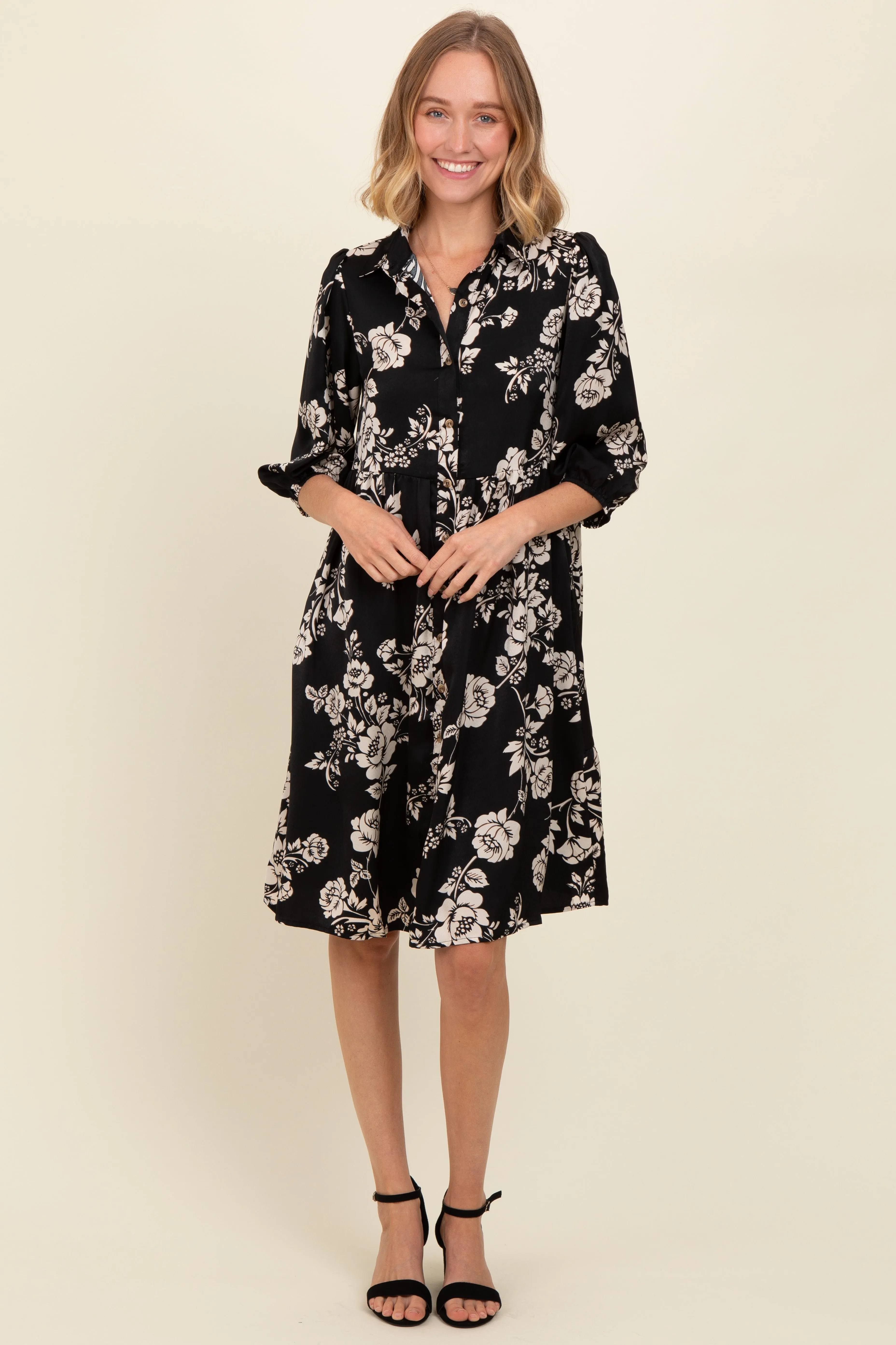 Black Floral Button Down Collared Dress sold by Pinkblush