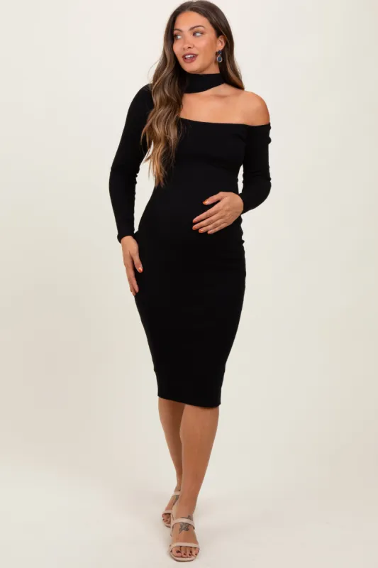 Black Mock Neck Cutout Maternity Fitted Midi Dress sold by Pinkblush