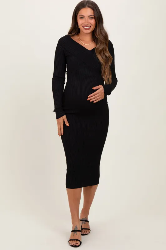 Black Ribbed Crossover Off Shoulder Maternity Midi Dress sold by Pinkblush