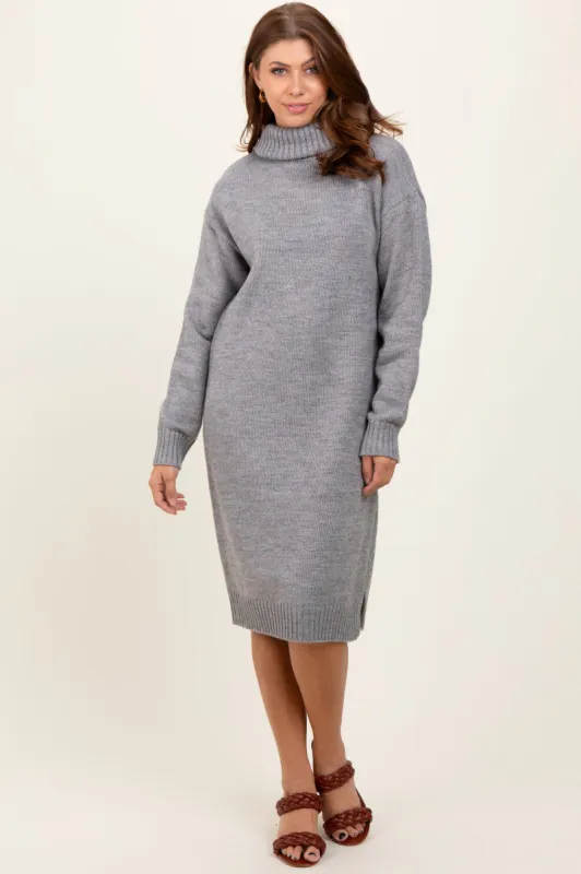 Heather Grey Turtleneck Side Slit Midi Sweater Dress sold by Pinkblush