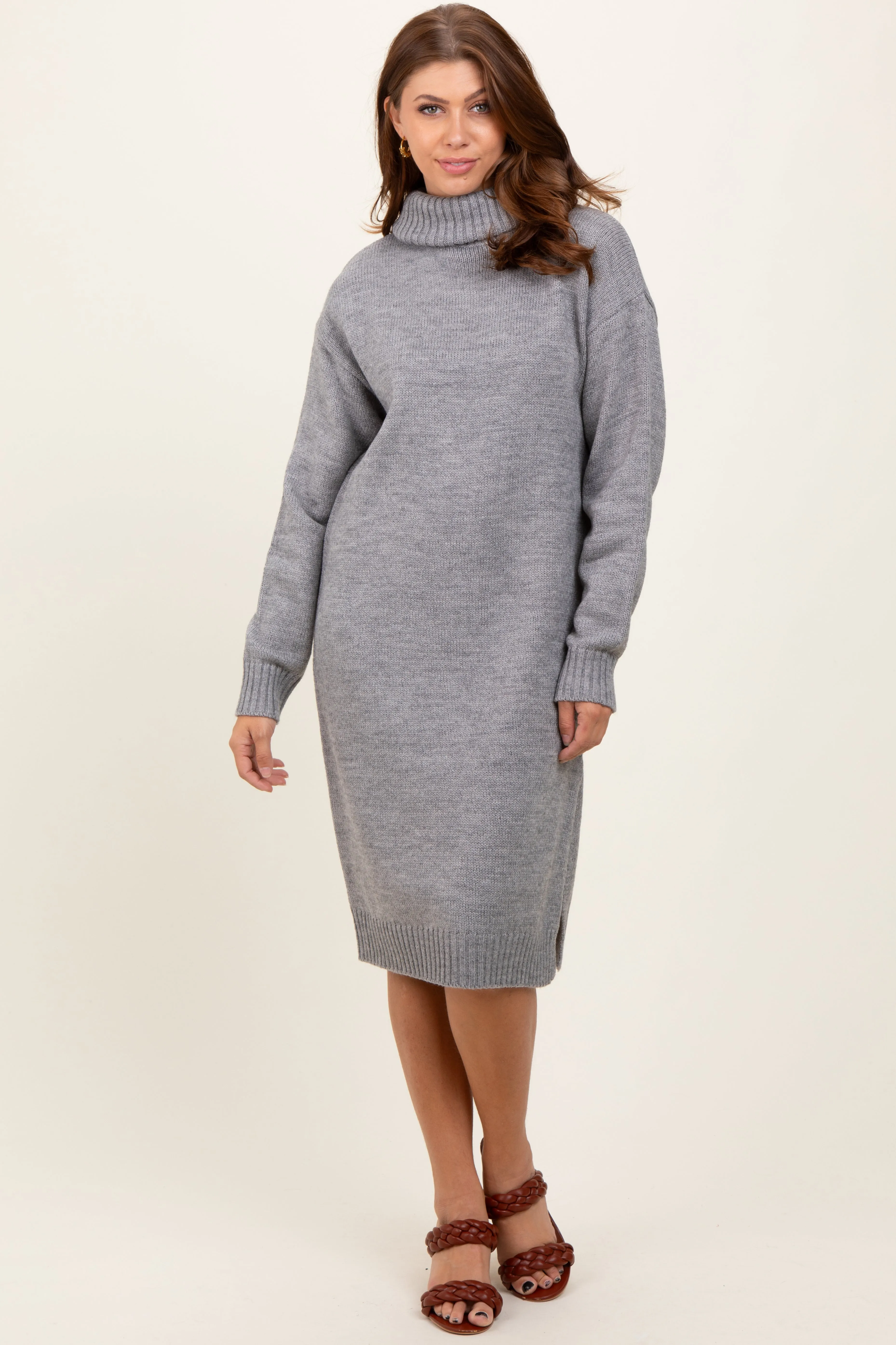 Heather Grey Turtleneck Side Slit Midi Sweater Dress sold by Pinkblush
