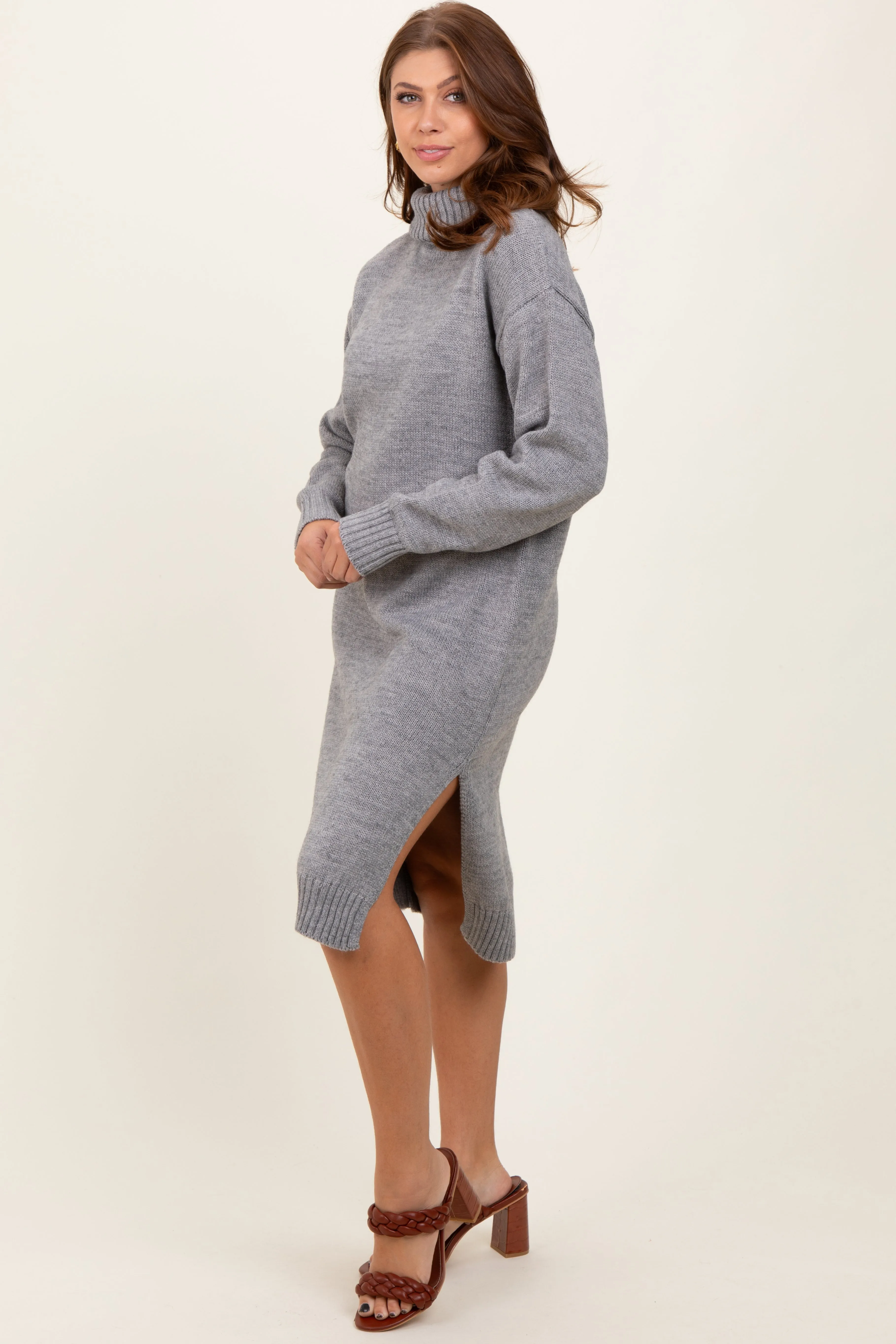 Heather Grey Turtleneck Side Slit Midi Sweater Dress sold by Pinkblush product image thumbnail 2