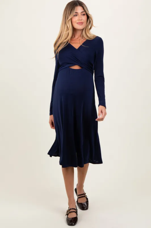 Navy Crossover V-Neckline Long Sleeve Maternity Nursing Dress sold by Pinkblush