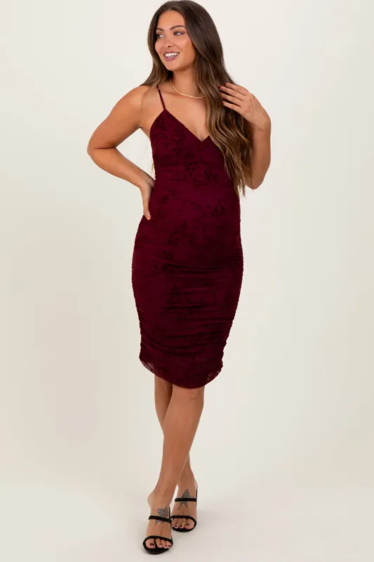 Burgundy Floral Velvet Overlay Ruched Maternity Midi Dress sold by Pinkblush