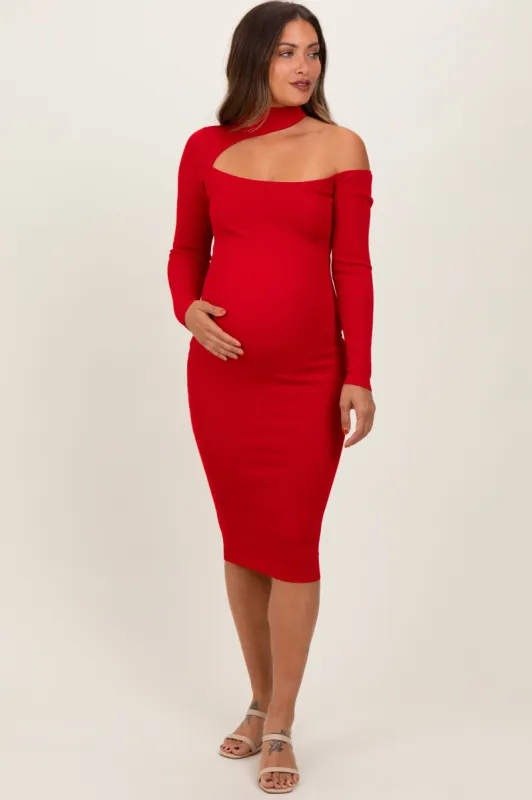 Red Mock Neck Cutout Maternity Fitted Midi Dress sold by Pinkblush