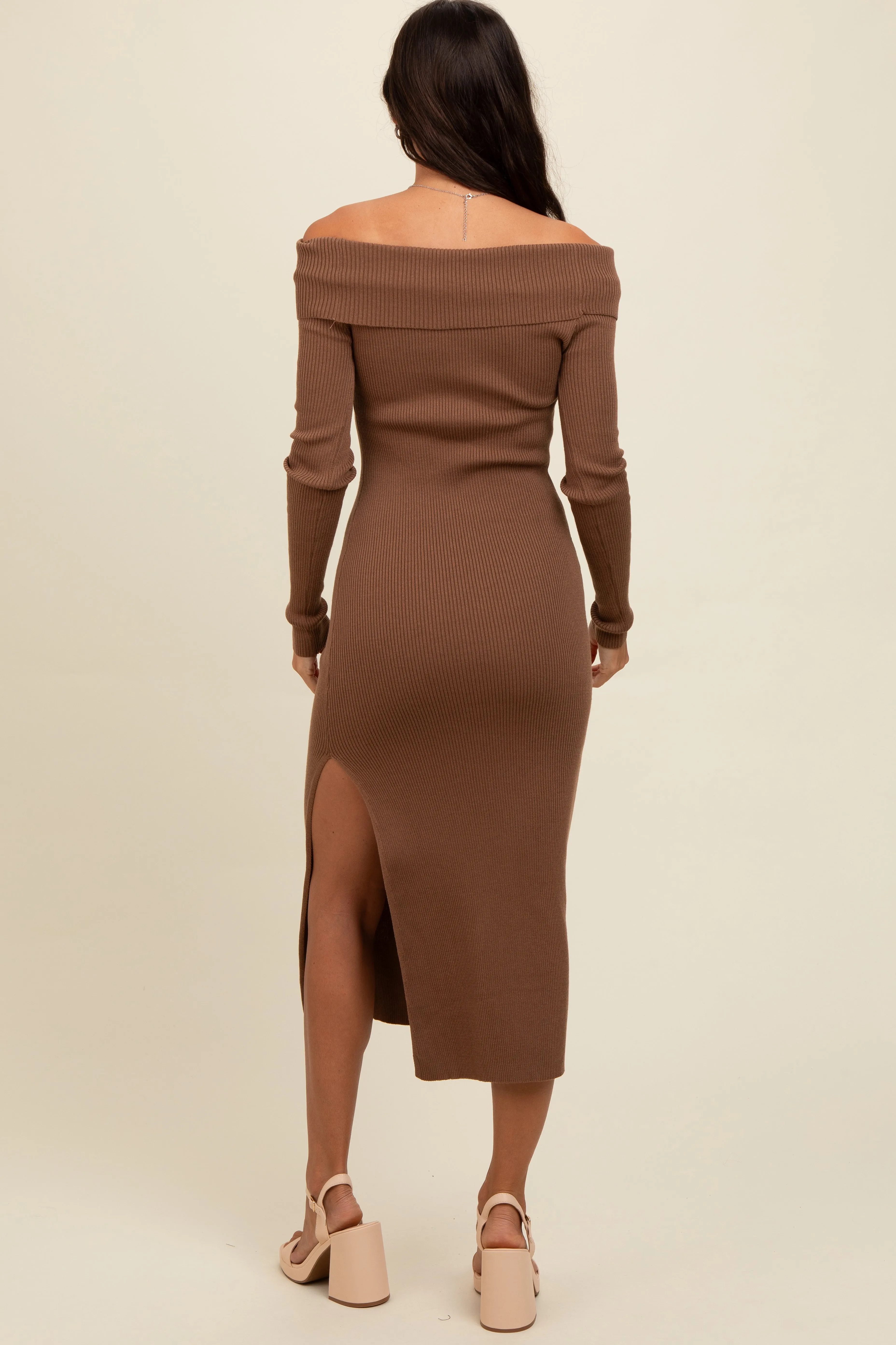 Brown Off Shoulder Ribbed Knit Side Slit Midi Dress sold by Pinkblush product image thumbnail 3