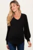Black Ribbed Knit V-Neck Button Cuff Maternity Top sold by Pinkblush