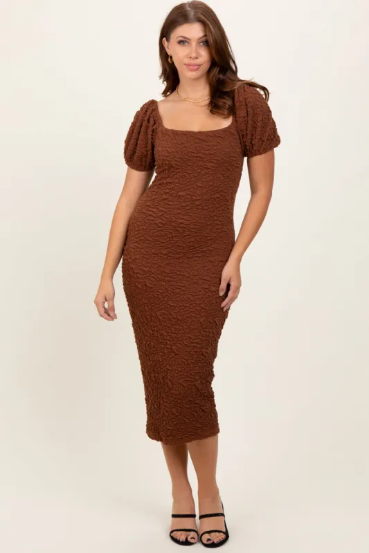 Mocha Textured Square Neck Puff Sleeve Midi Dress made by Pinkblush