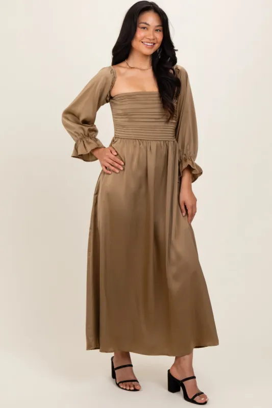Olive Off Shoulder Satin Pleated Bodice Maxi Dress sold by Pinkblush