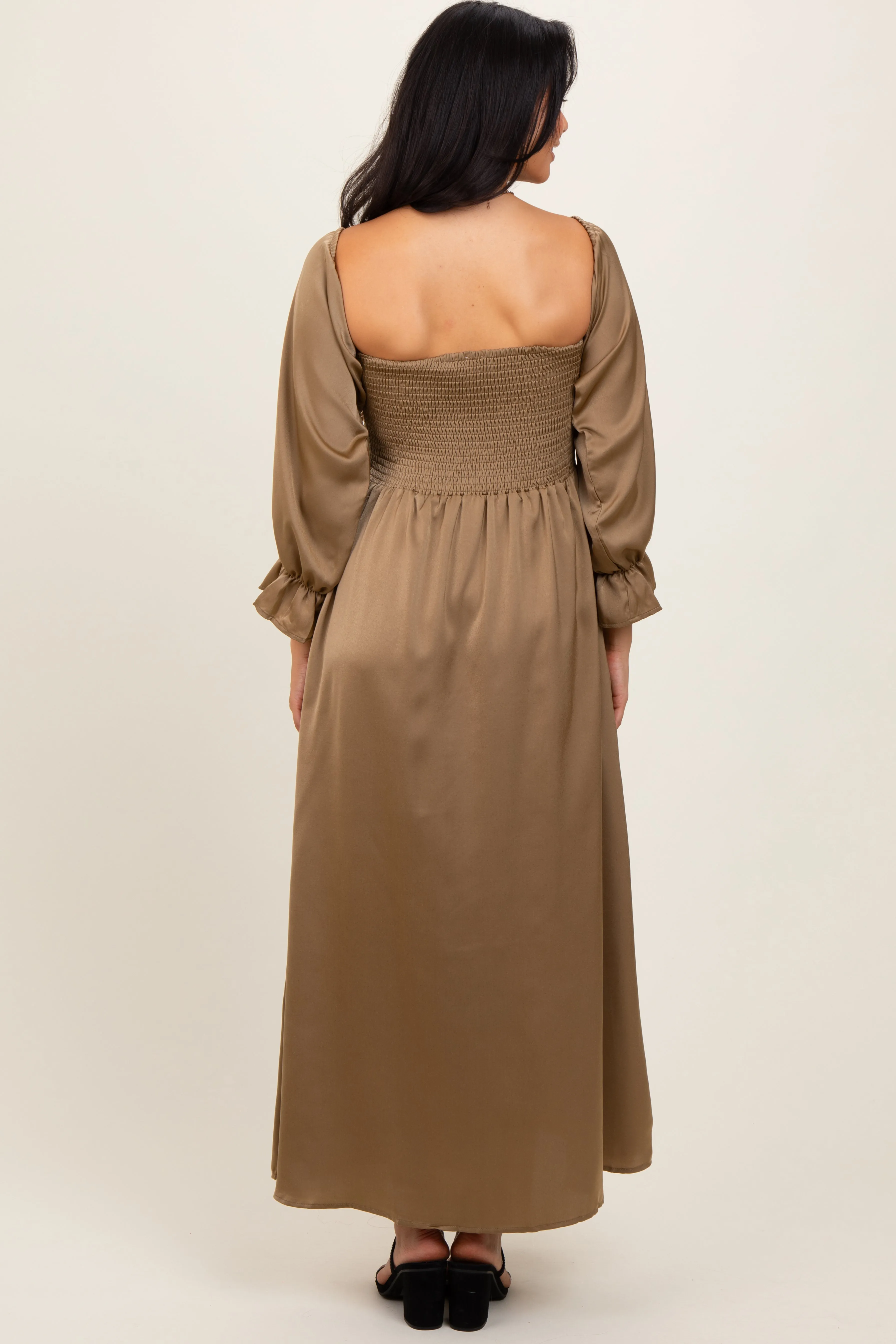 Olive Off Shoulder Satin Pleated Bodice Maxi Dress sold by Pinkblush product image thumbnail 2