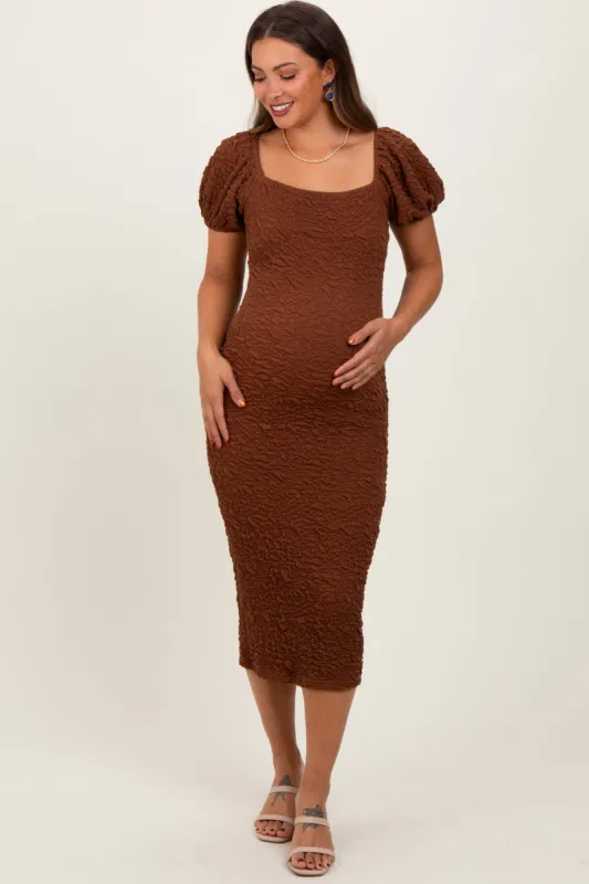 Mocha Textured Square Neck Puff Sleeve Maternity Midi Dress sold by Pinkblush