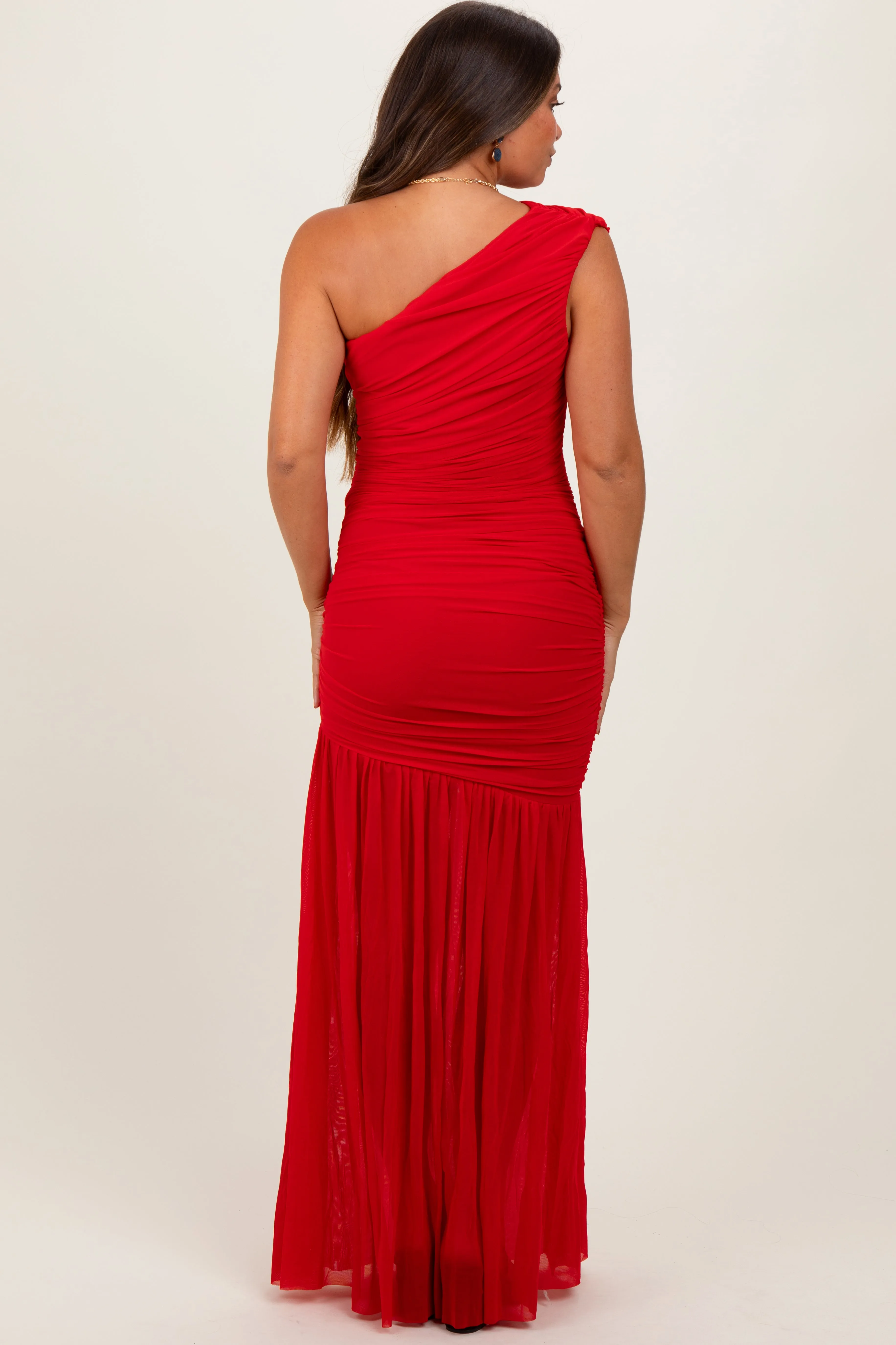 Red Ruched Mesh One Shoulder Maternity Maxi Dress sold by Pinkblush product image thumbnail 4