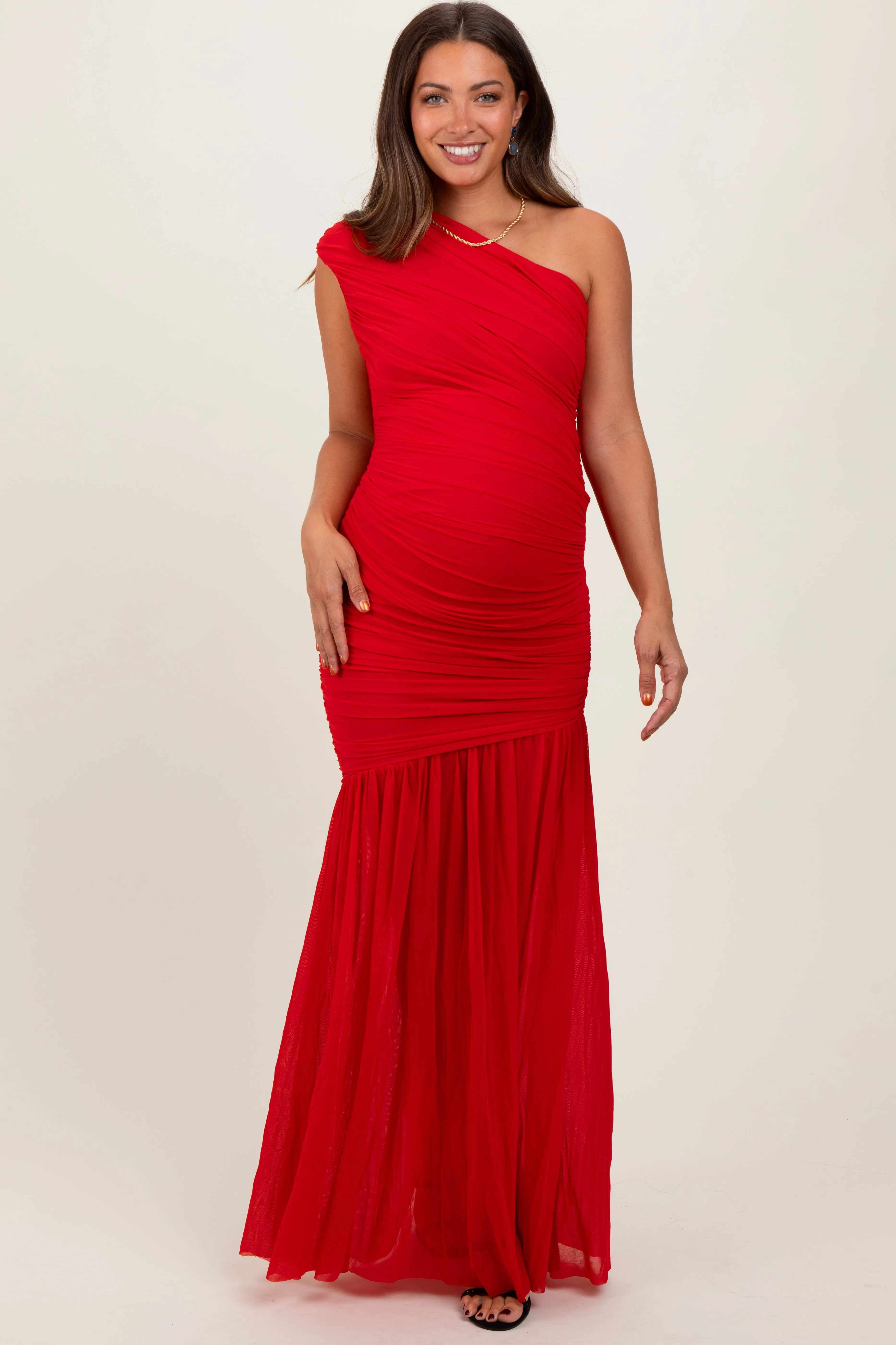 Red Ruched Mesh One Shoulder Maternity Maxi Dress sold by Pinkblush