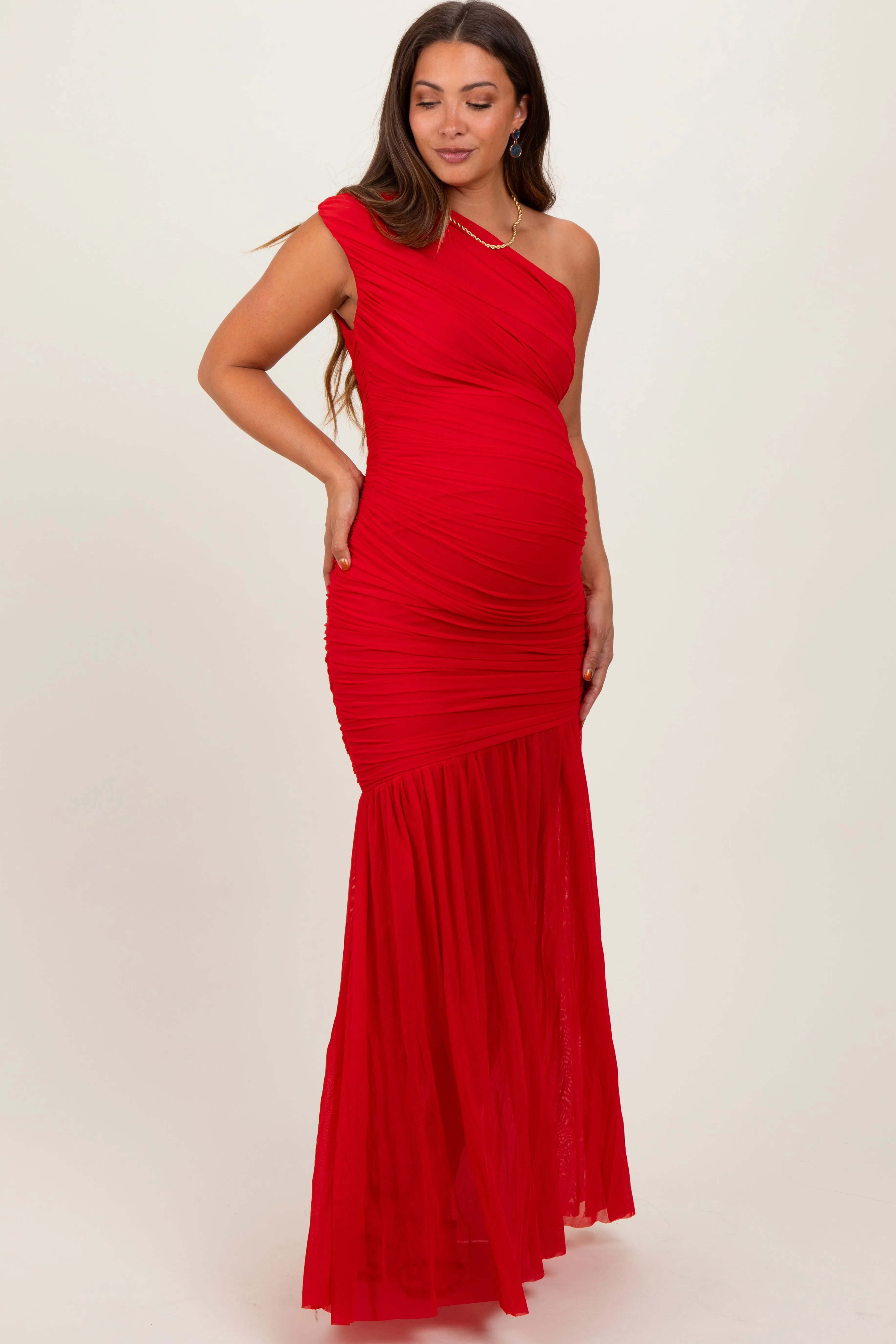 Red Ruched Mesh One Shoulder Maternity Maxi Dress sold by Pinkblush product image thumbnail 2