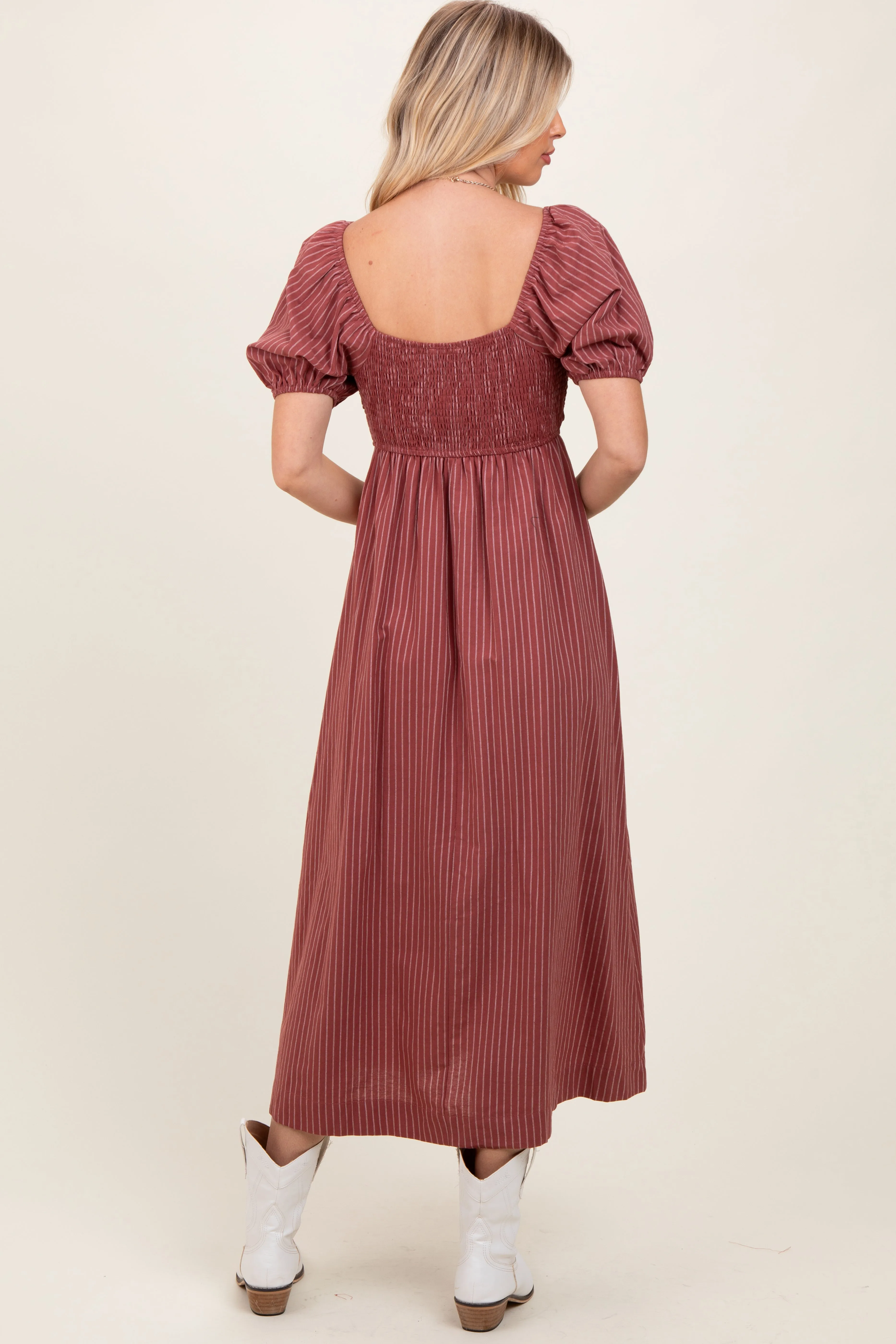 Mauve Striped Popcorn Smocked Midi Dress sold by Pinkblush product image thumbnail 3