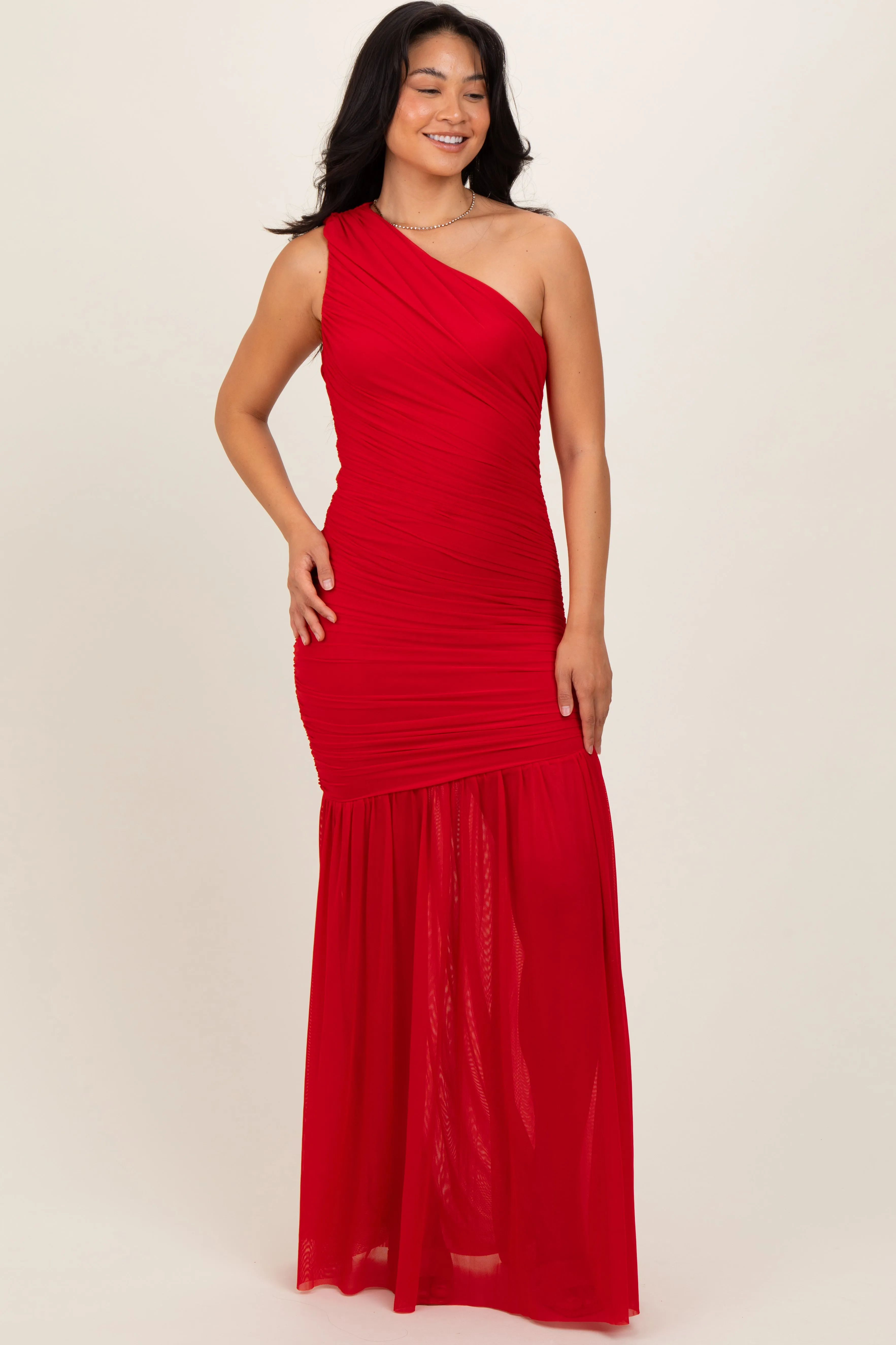 Red Ruched Mesh One Shoulder Maxi Dress sold by Pinkblush product image thumbnail 2