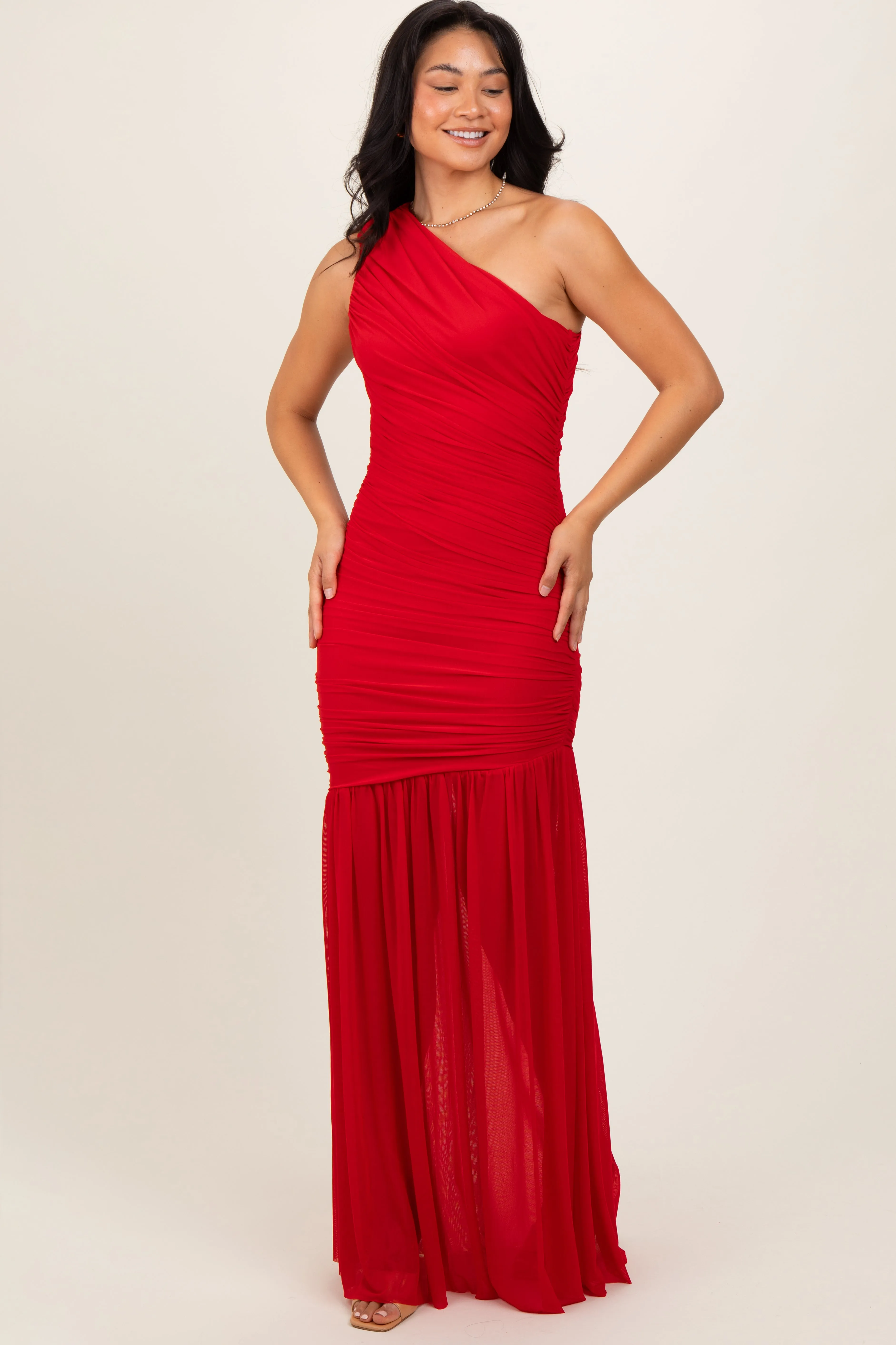 Red Ruched Mesh One Shoulder Maxi Dress sold by Pinkblush product image thumbnail 3