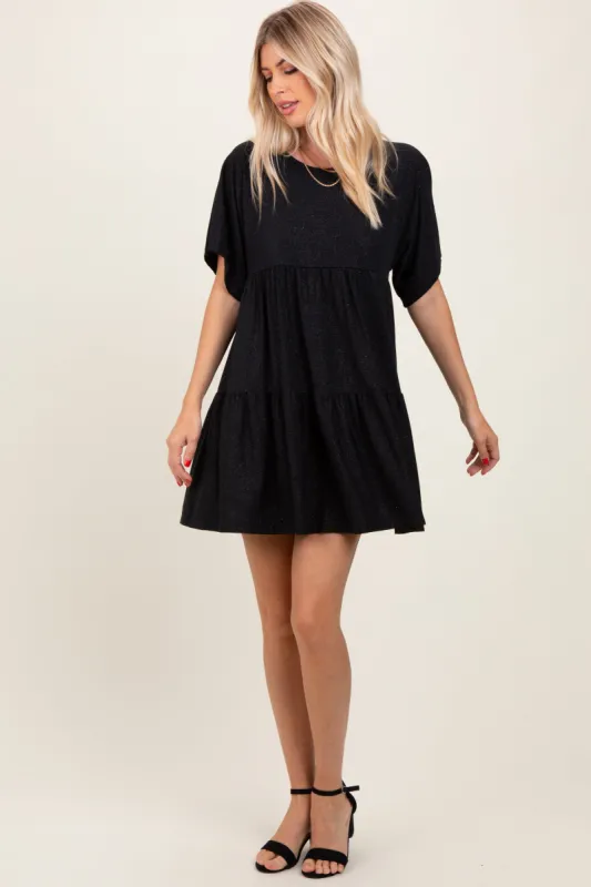 Black Glitter Flutter Sleeve Tiered Dress sold by Pinkblush