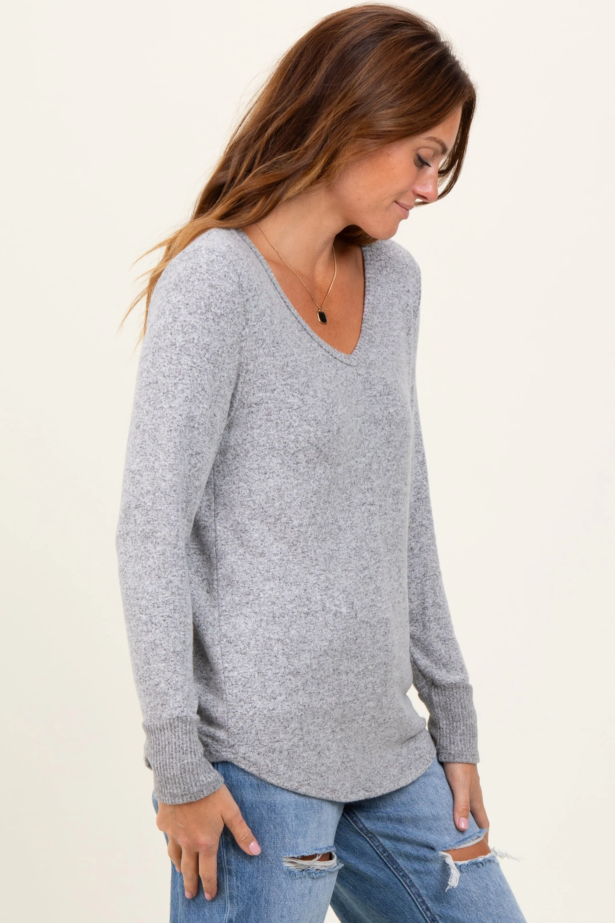 Heather Grey Brushed Knit Relaxed V-Neck Long Sleeve Top sold by Pinkblush product image thumbnail 3