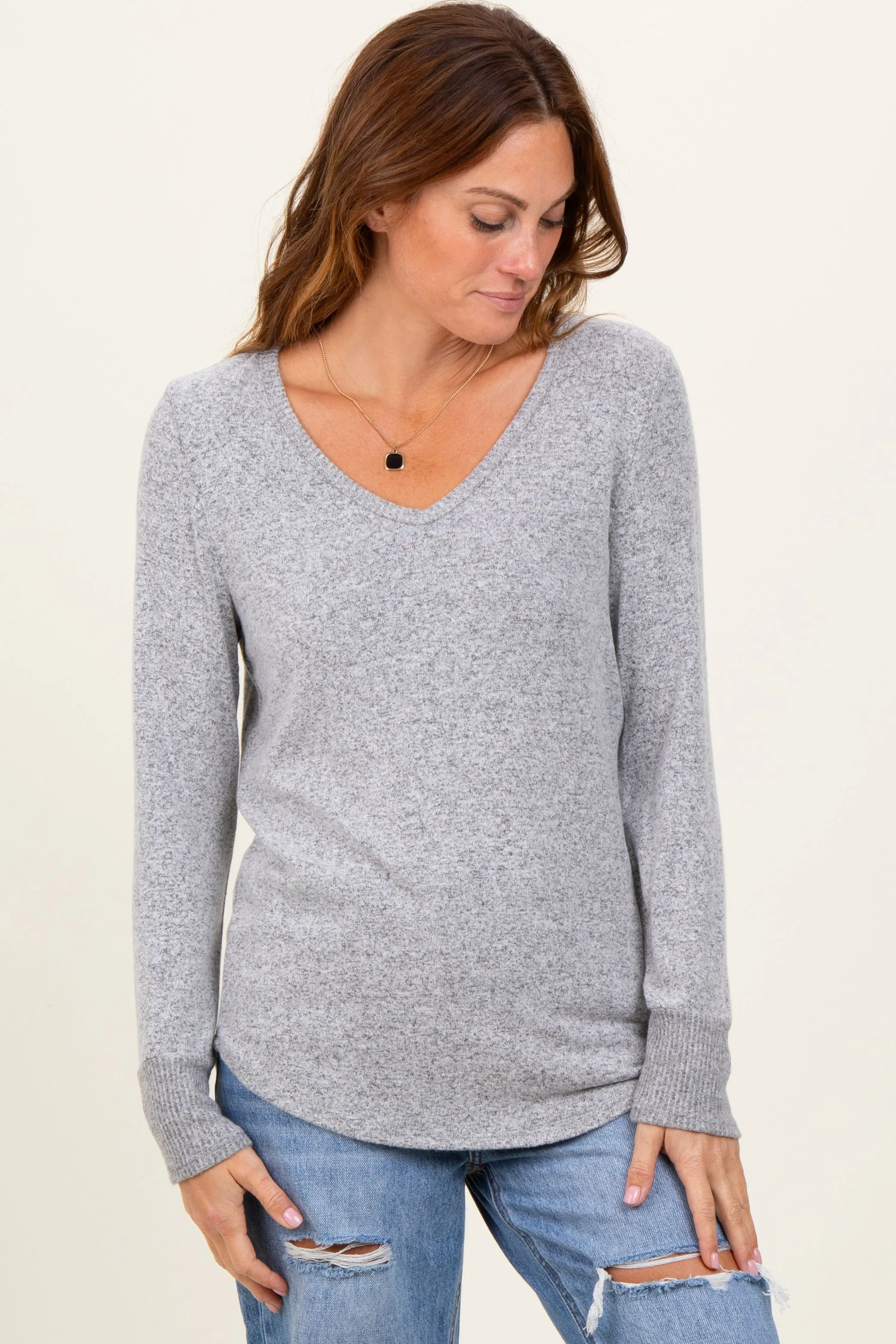 Heather Grey Brushed Knit Relaxed V-Neck Long Sleeve Top sold by Pinkblush