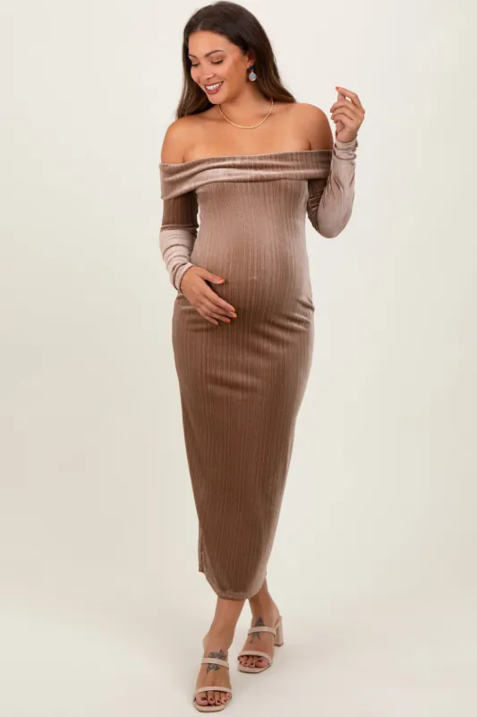 Taupe Shiny Velour Off Shoulder Maternity Midi Dress sold by Pinkblush