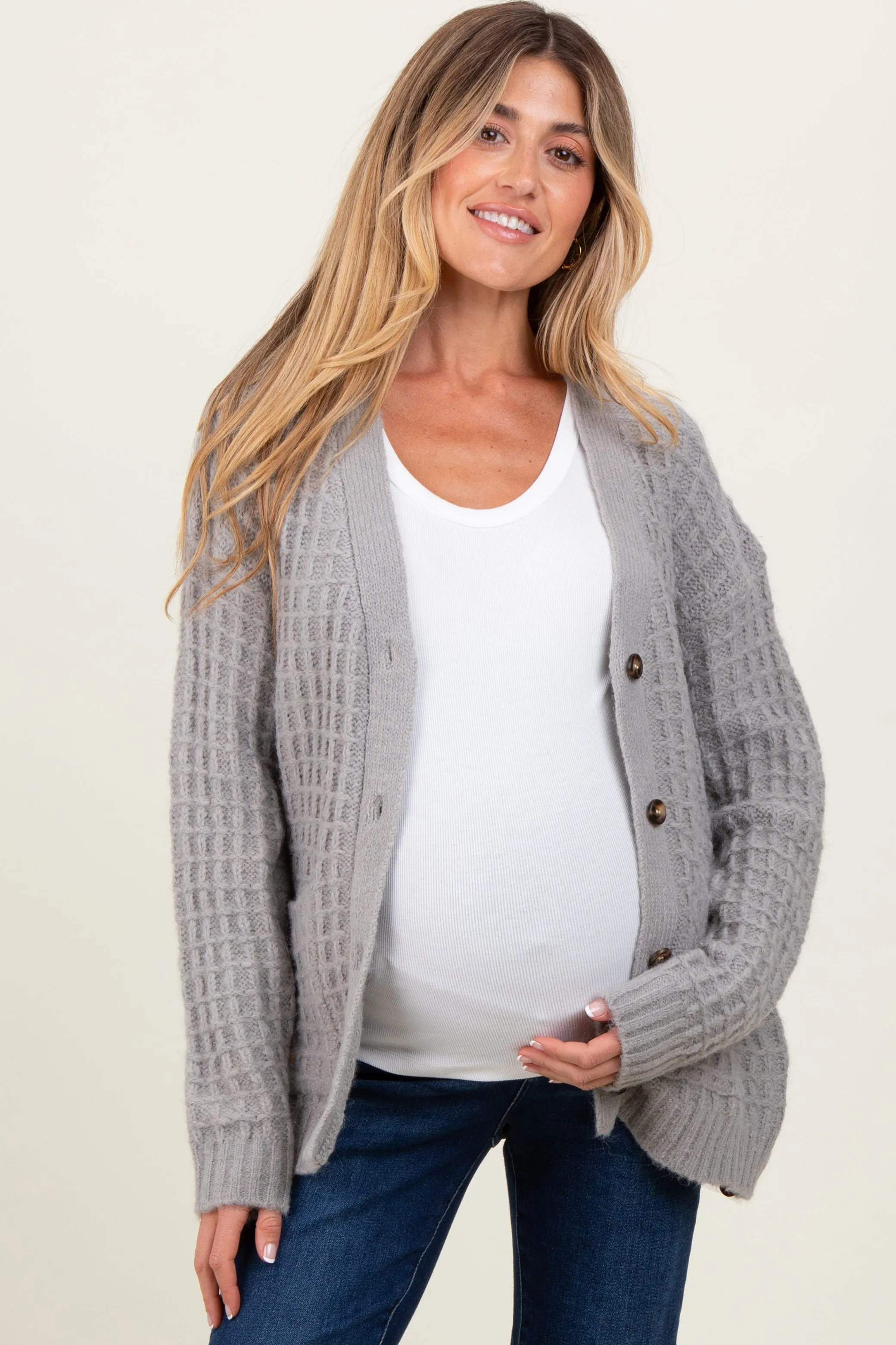 Heather Grey Waffle Knit Button Up Maternity Cardigan sold by Pinkblush