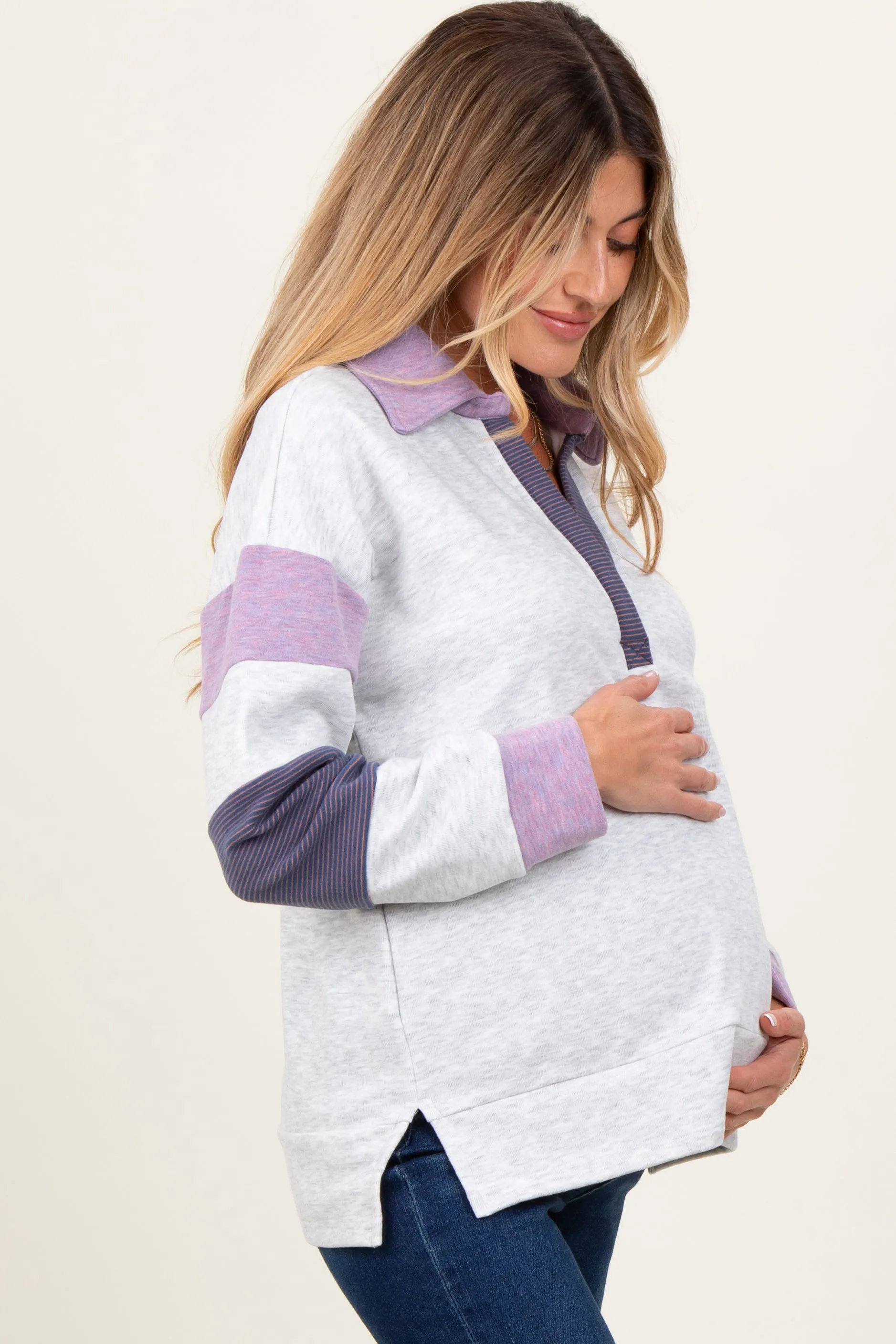 Heather Grey Colorblock Stripe Collared Maternity Pullover sold by Pinkblush product image thumbnail 2