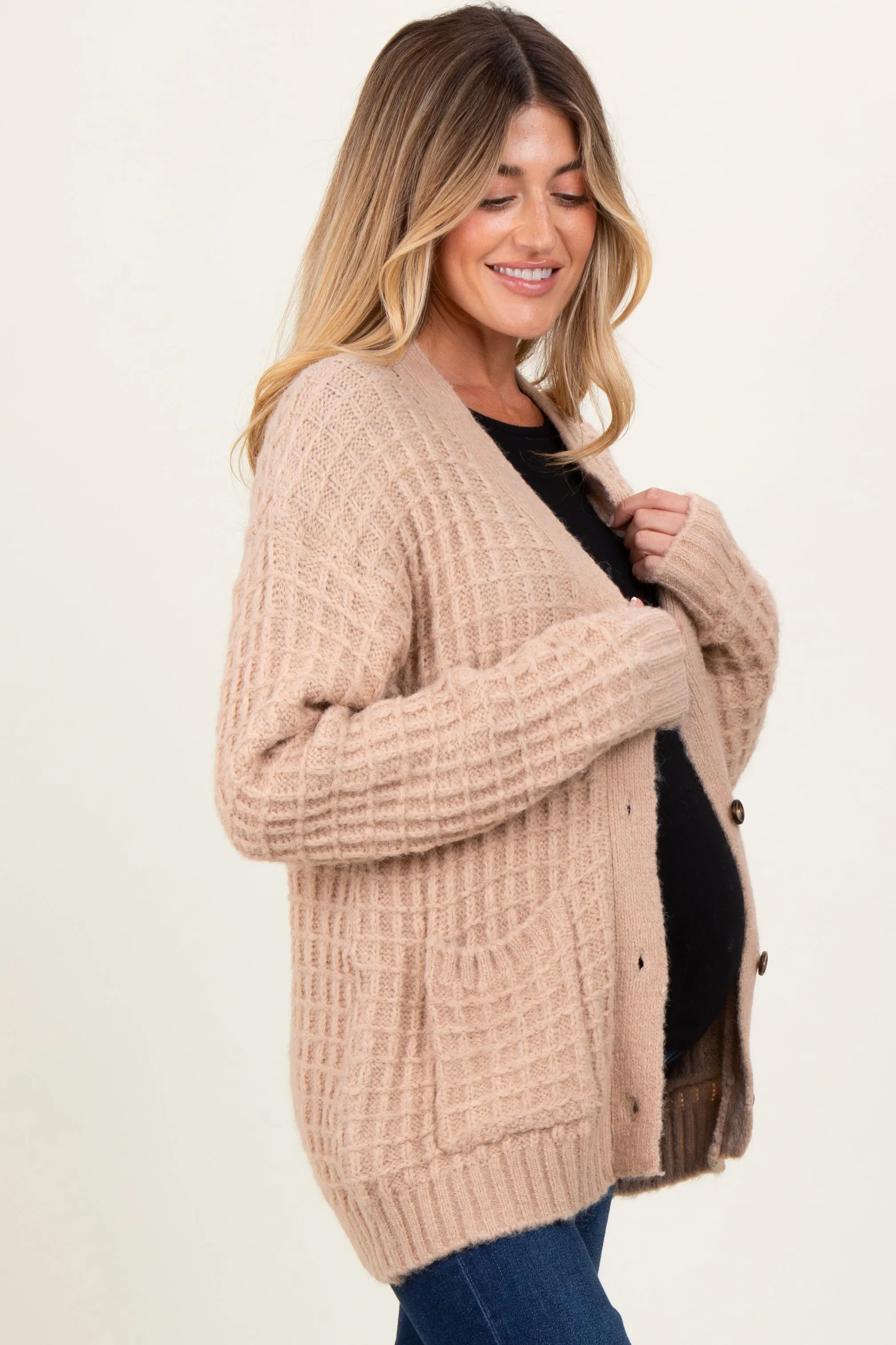 Beige Waffle Knit Button Up Maternity Cardigan sold by Pinkblush product image thumbnail 3