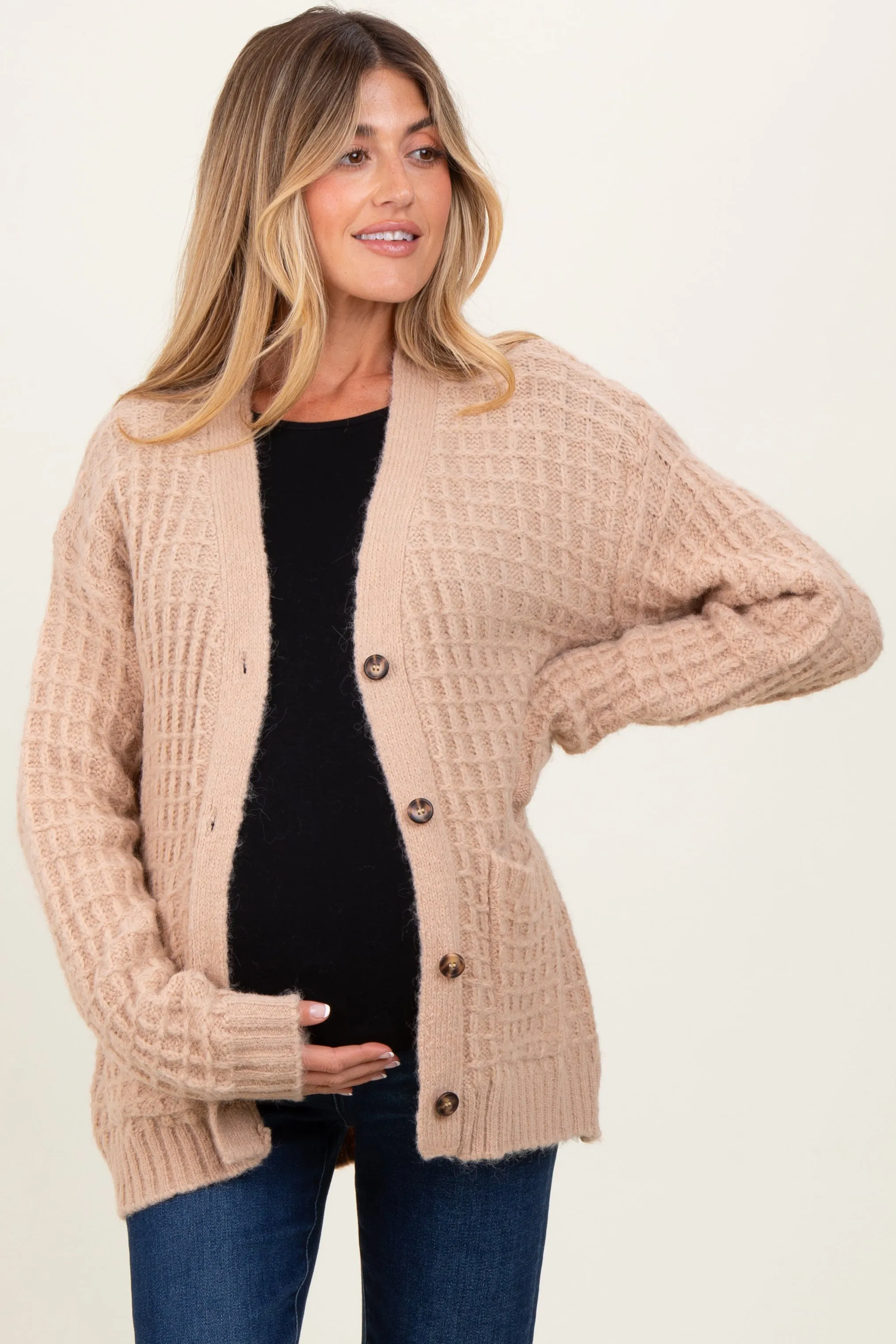 Beige Waffle Knit Button Up Maternity Cardigan sold by Pinkblush product image thumbnail 2