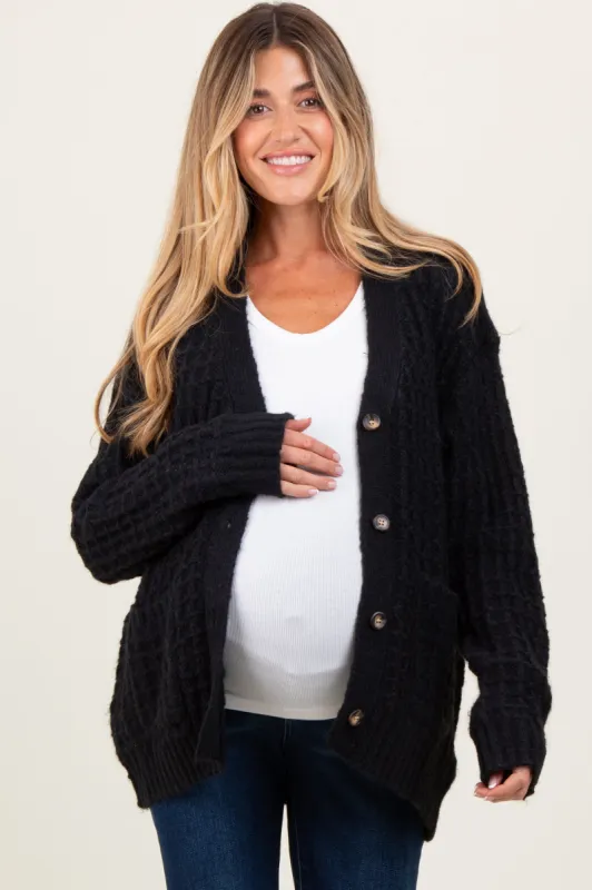 Black Waffle Knit Button Up Maternity Cardigan sold by Pinkblush