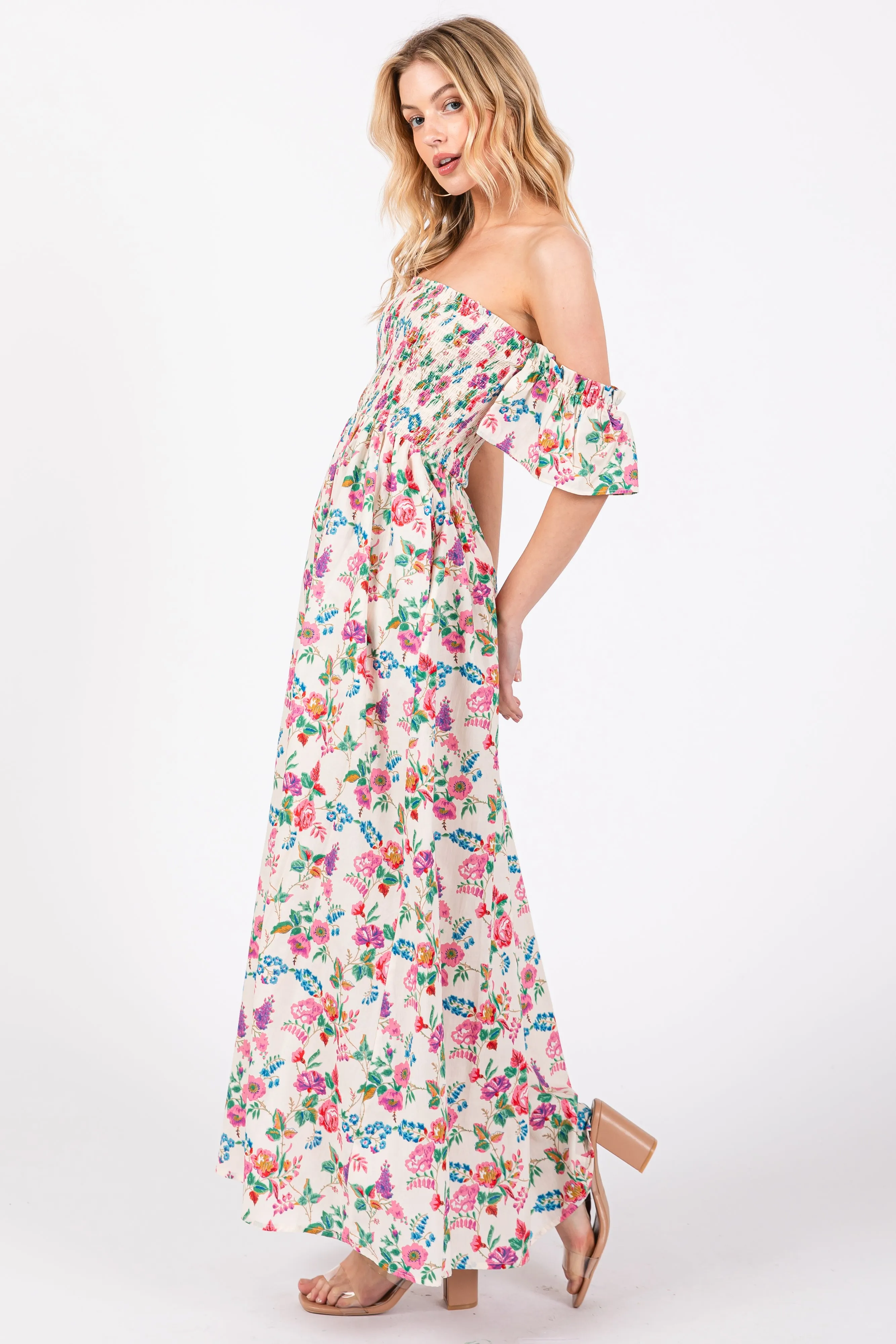 Cream Floral Off Shoulder Dress sold by Pinkblush product image thumbnail 3