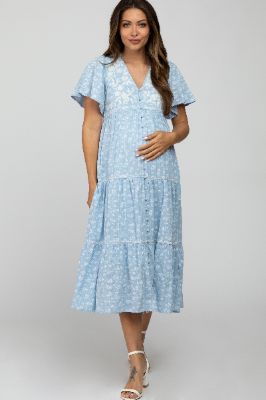 Light Blue Floral Embroidered Button Front Maternity Midi Dress sold by Pinkblush
